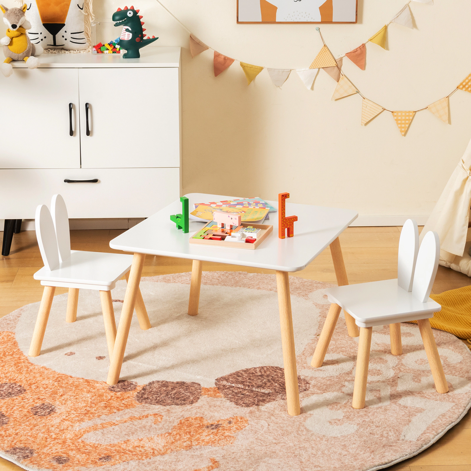 SUGIFT White Bunny Ear Backrests for Arts Crafts and Snacks 3-Piece Kids Table and Chairs Set