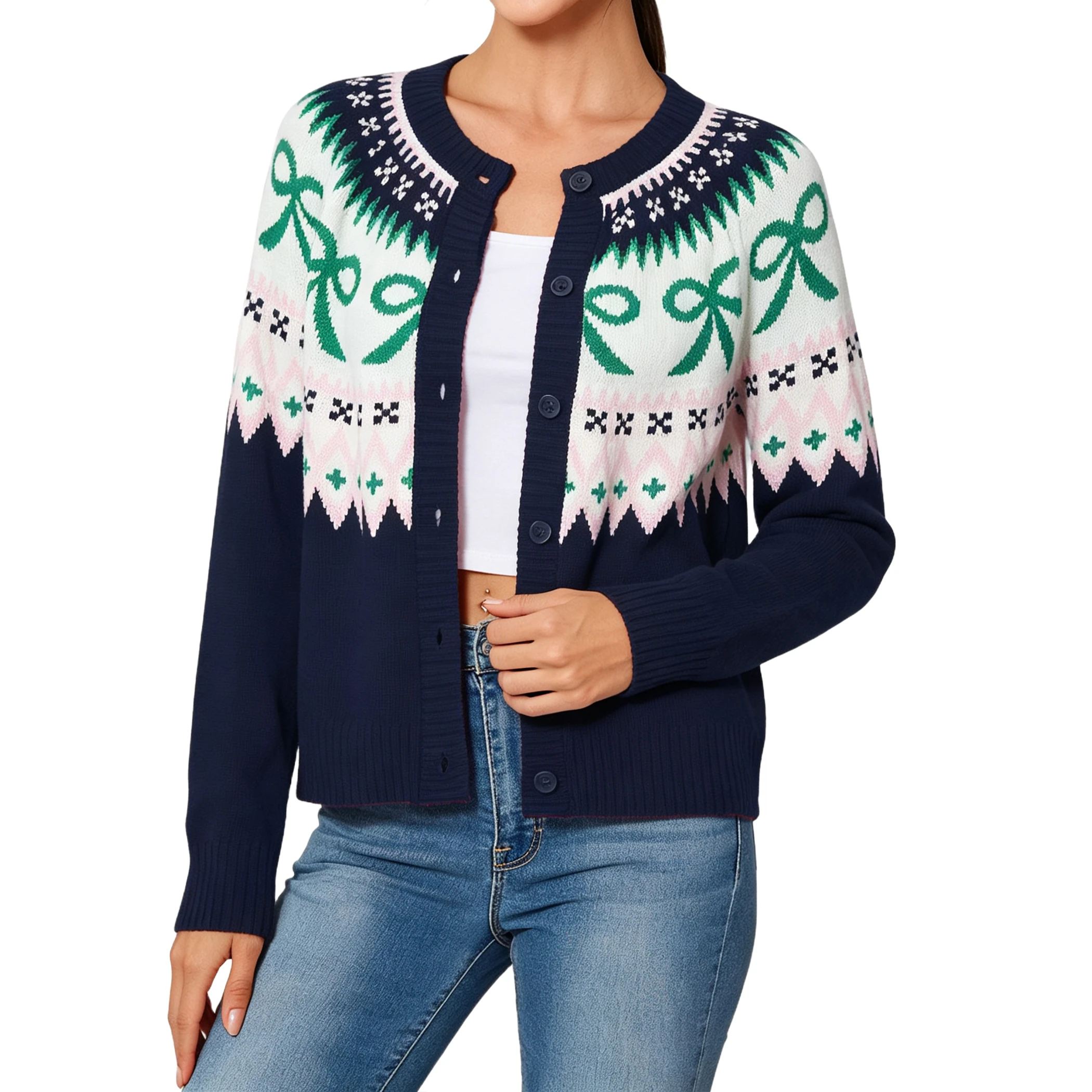YesFashion Women's Christmas Cardigans Crew Neck Button Down Long Sleeve Party Ugly Holiday Sweaters