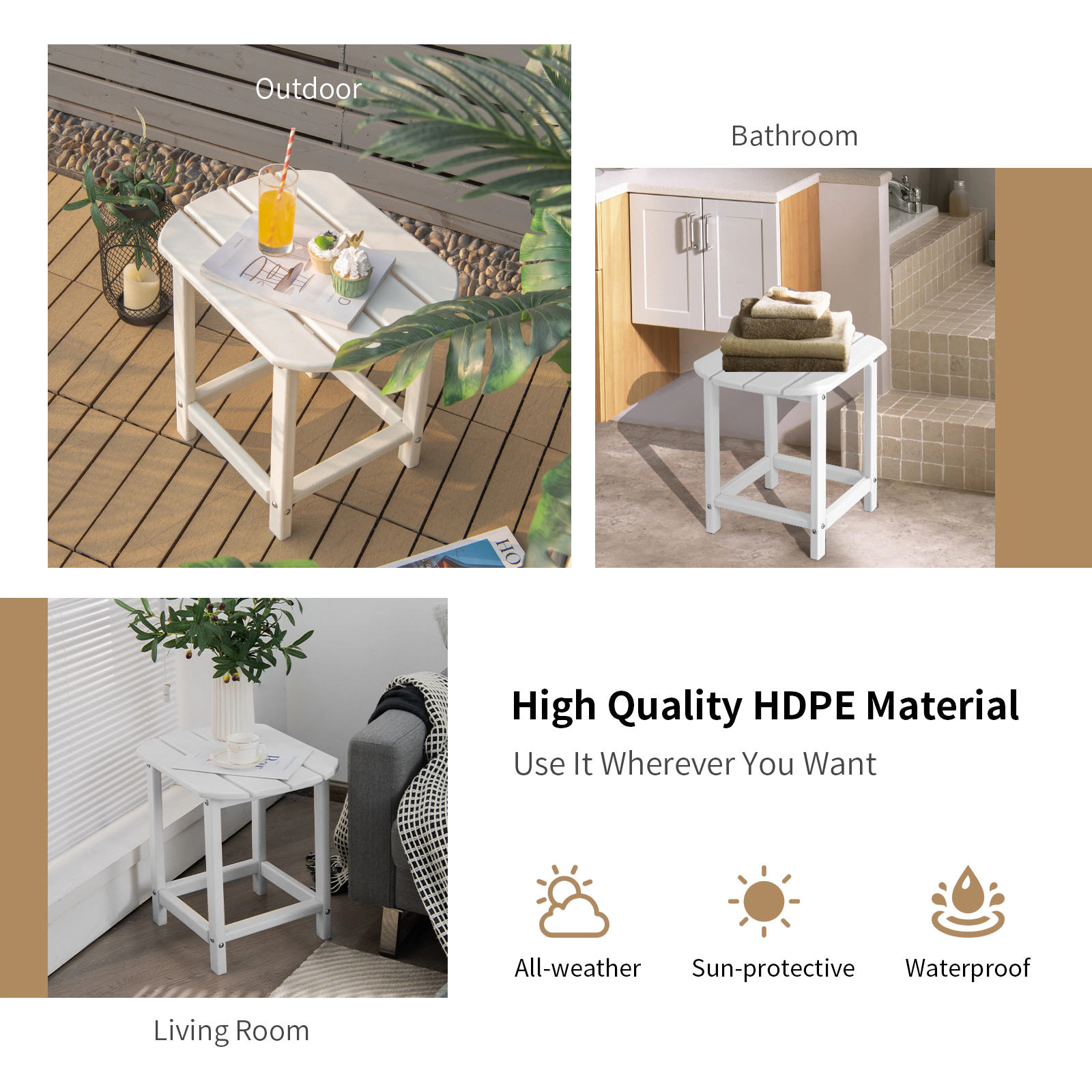 SUGIFT Set of 2 White HDPE Adirondack Outdoor Side Tables, 19 x 14.5 x 18 in
