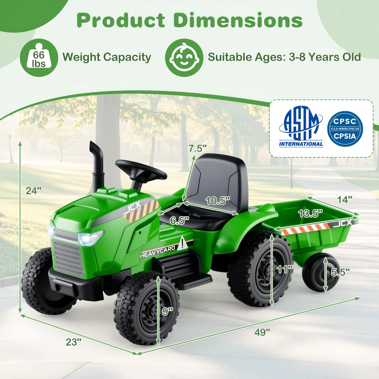 SUGIFT 12V 2-in-1 Kids Ride On Tractor with Detachable Trailer and 3-Gear Shift 66-lb Capacity Ages 3-8 Green