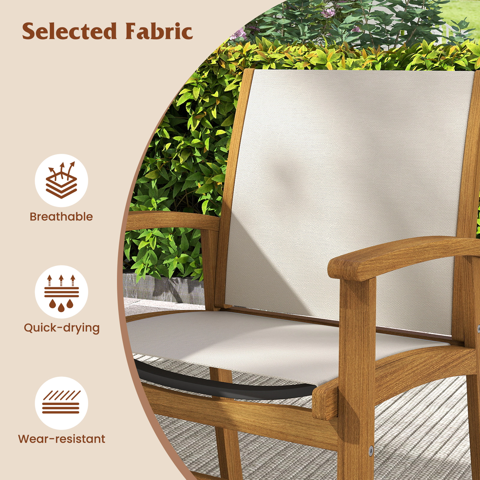 SUGIFT Set of 2 Acacia Wood Patio Dining Armchairs with Breathable Fabric Seat 400-lb Capacity Natural and Gray or Beige