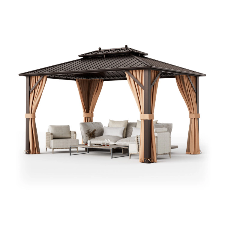 Hivvago 10X13Ft Double-Roof Patio Hardtop Gazebo With Galvanized Steel Roof Netting And Curtains-Coffee