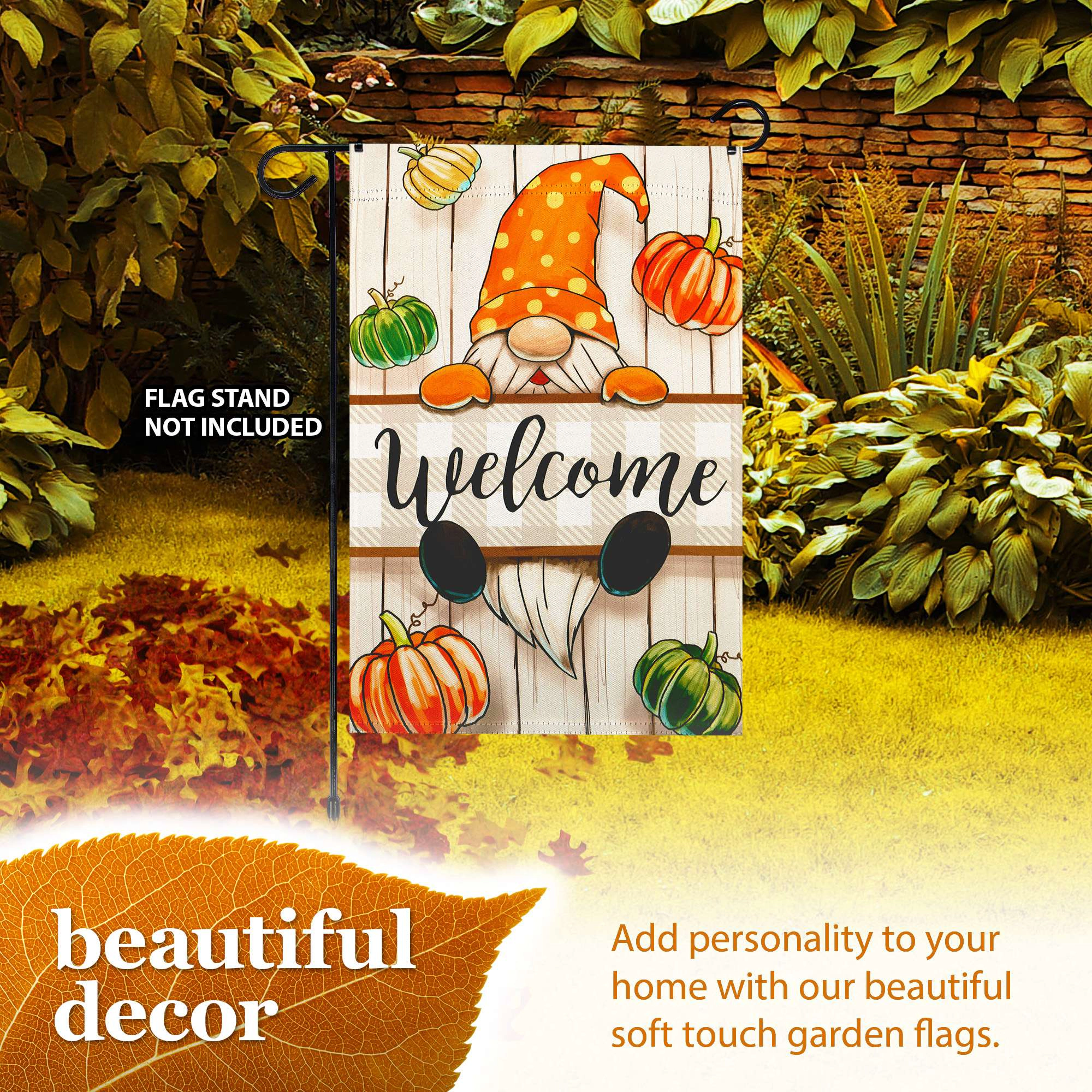 G128 Autumn Gnome Welcome Garden Flag 12x18 in Double-Sided Fall Yard Decoration