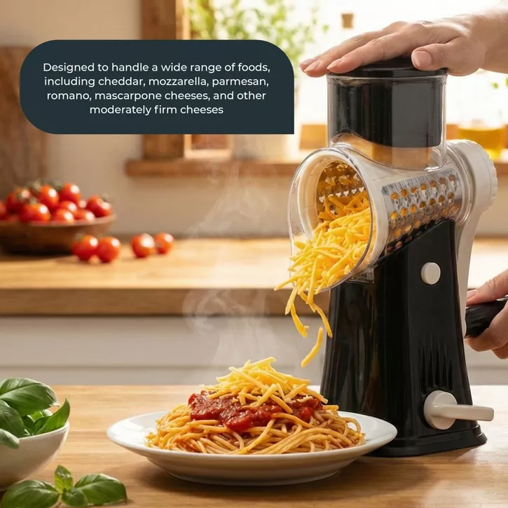 Luminuxe Rotary Cheese Grater w/ Handle, Manual Cheese Shredder Strong Suction Base. Kitchen Mandoline Vegetable Slicer