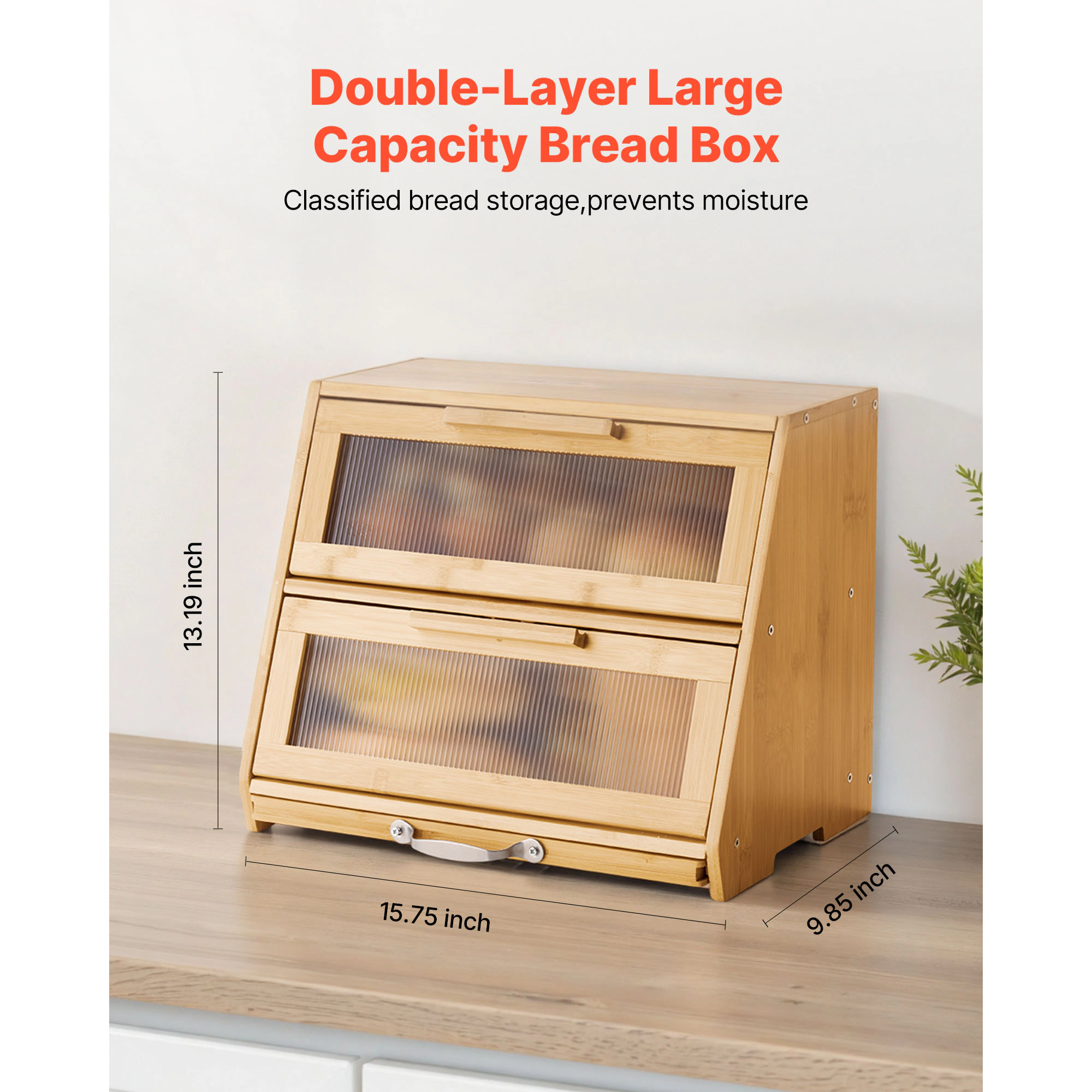 HONGGE Double Layer Bread Box for Kitchen Counter Large Capacity Bamboo Bread Storage Container Farmhouse Wooden