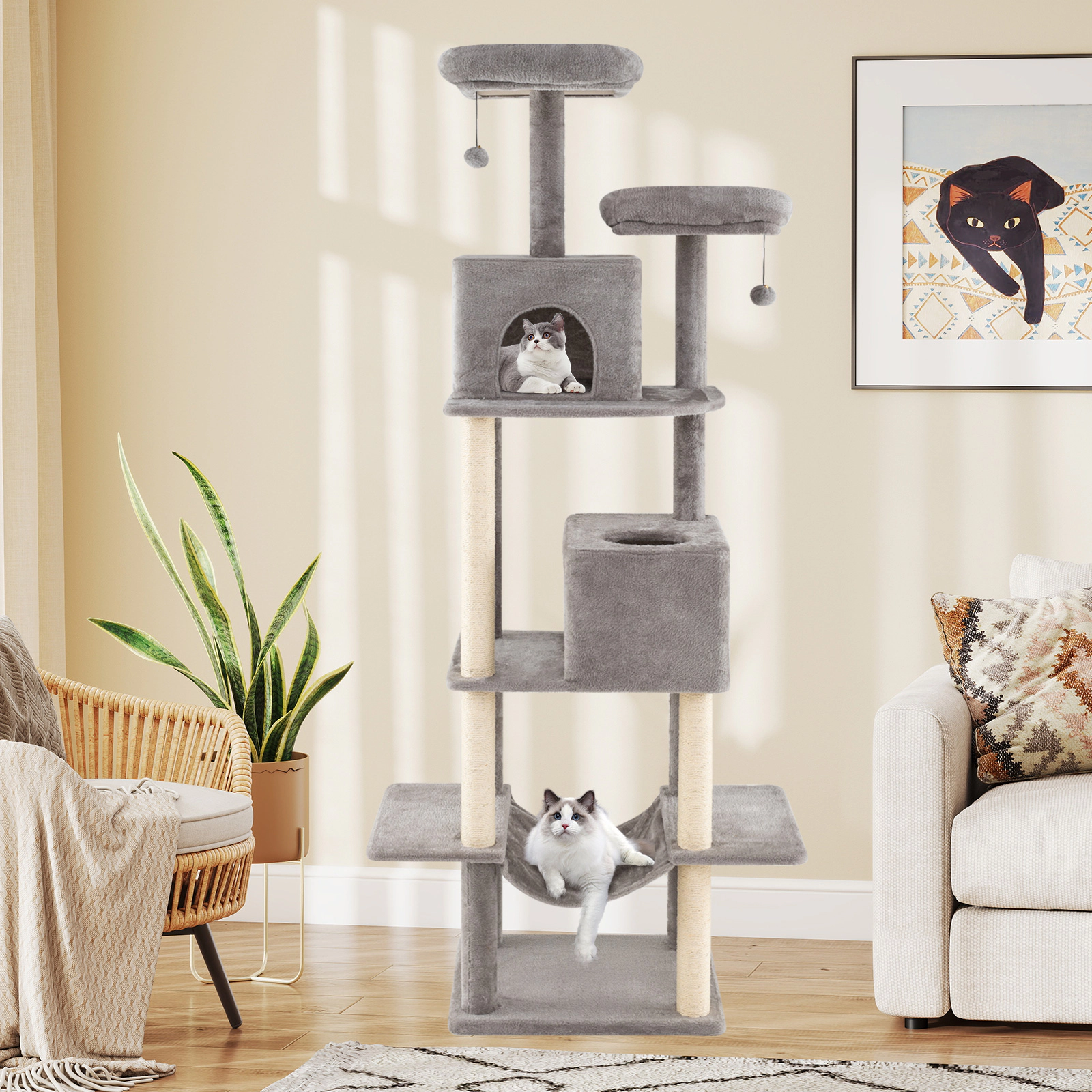 SUGIFT 84-in Large Cat Tree with 2 Condos, Hammock and Soft Plush Perches 22-lb Tier Capacity 36-in Wide Gray