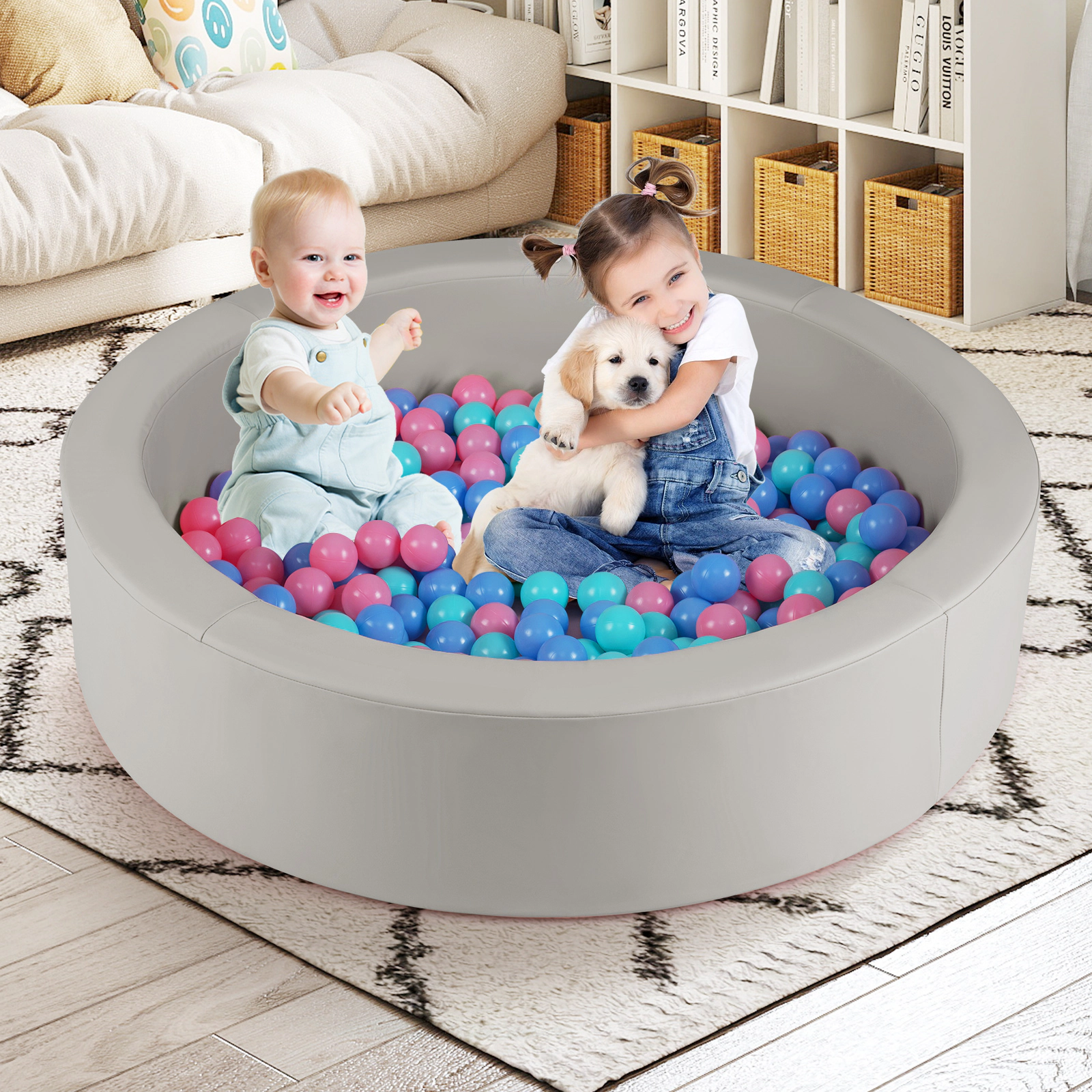 41.5-in Round Foam Ball Pit for Toddlers 200 Ocean Balls Included 25D Sponge Walls and Washable PU Cover Ages 3+ Gray