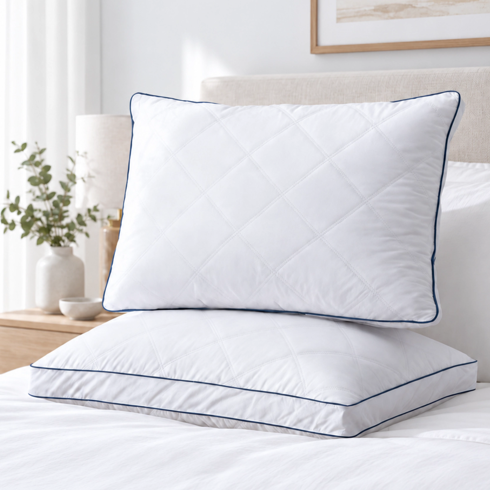 PEACENEST Diamond Quilted Goose Feather Pillow Set Soft Supportive Bed Pillows
