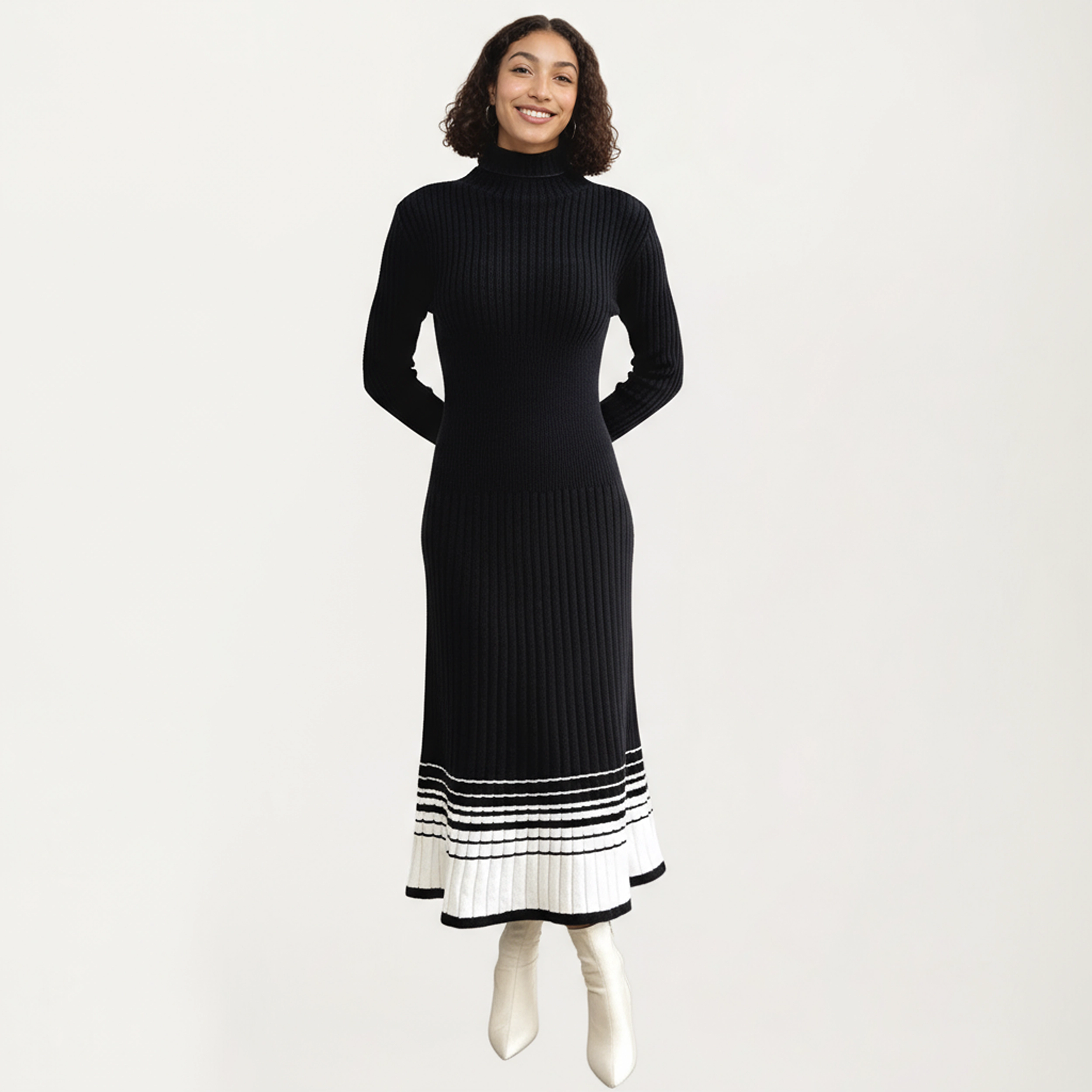Anna-Kaci Women's Long Sleeve Ribbed Knit Contrast Hem Stripe Midi Dress