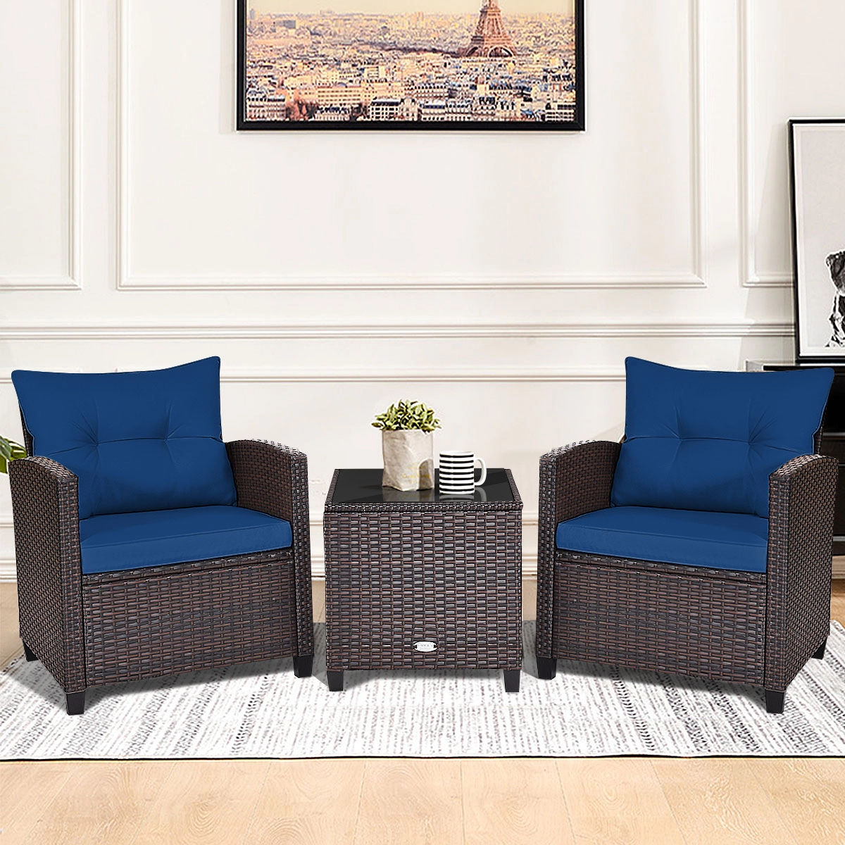 SUGIFT 3-Piece Navy Rattan Patio Conversation Set with Steel Frame, Glass Table and 4 Cushions