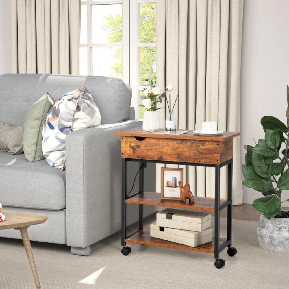 Hivvago Lift Top End Table With Charging Station And Universal Wheels-Rustic Brown