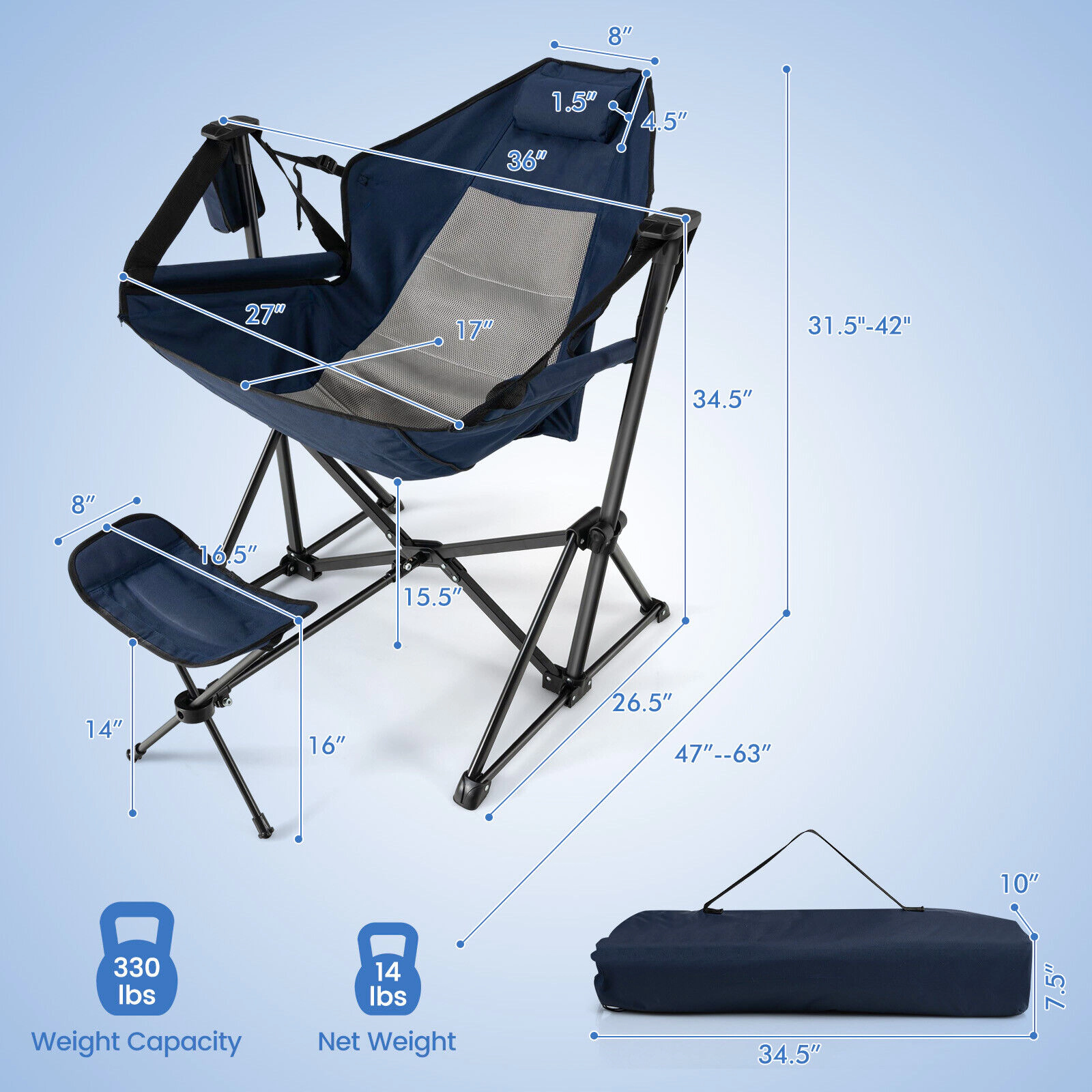 SUGIFT 330-lb Capacity Folding Hammock Camping Chair with Retractable Footrest Head Pillow and Carrying Bag