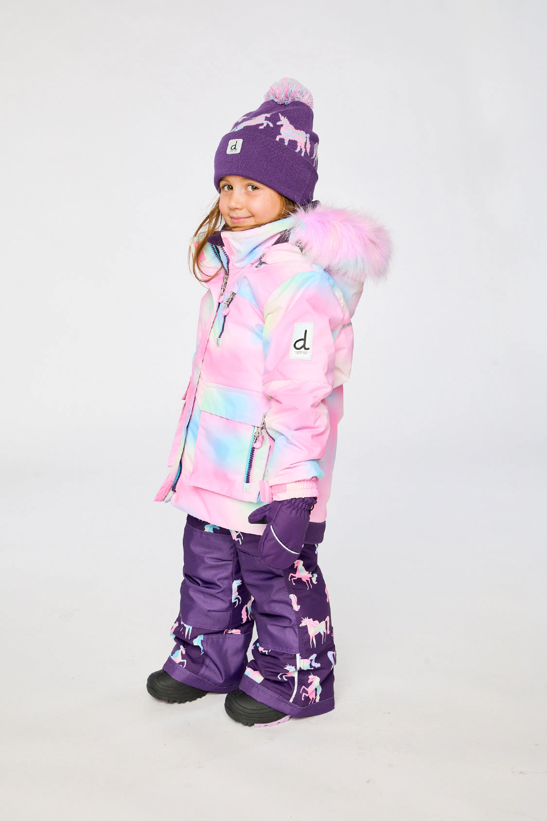Deux par Girls Unicorn Print Two Piece Play Snowsuit with Hooded Jacket and Snow Pants