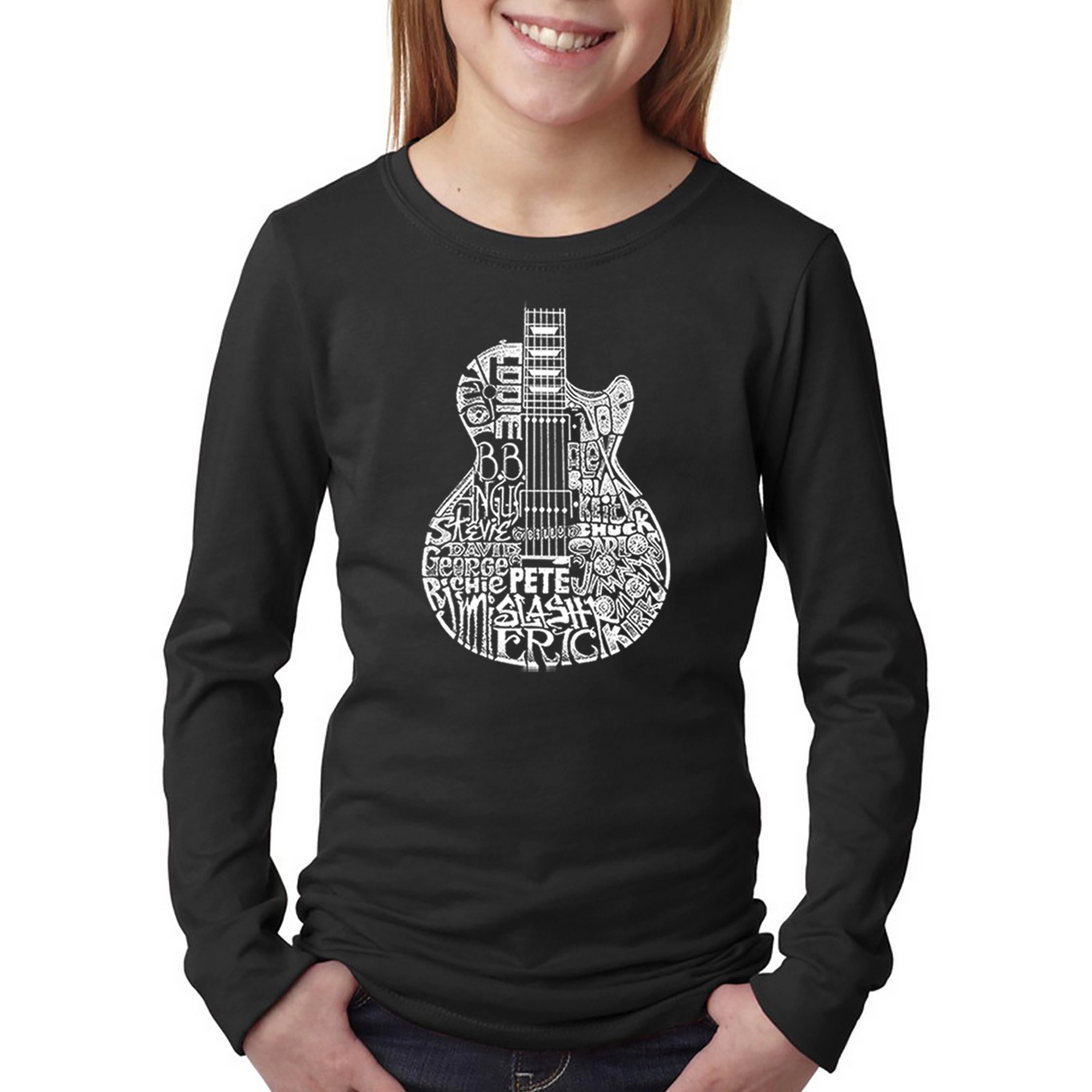LA Pop Art Girls Long Sleeve Word T-Shirt - Rock Guitar Head