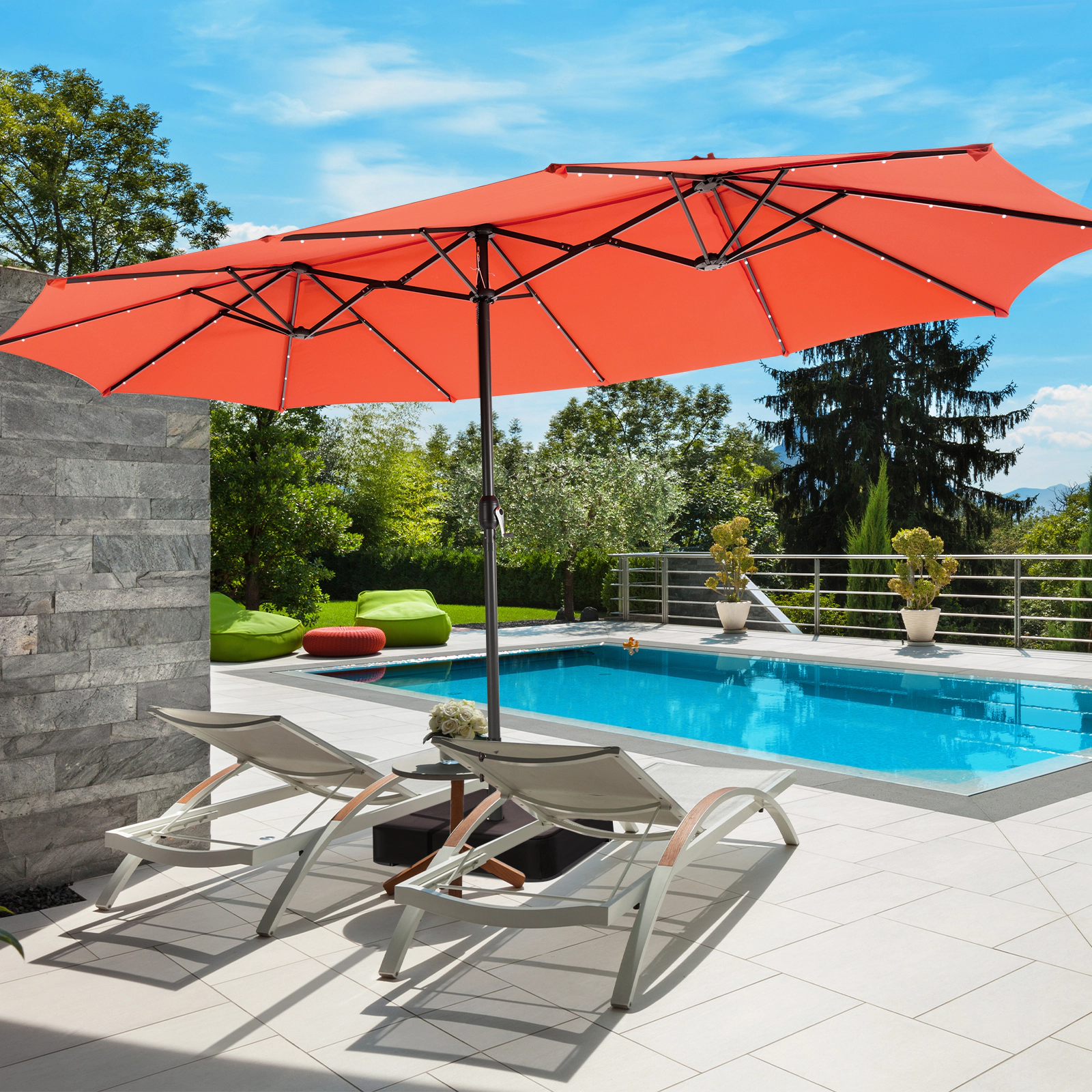 SUGIFT 15.4-ft Double-Sided Patio Umbrella with 48 Solar LED Lights & Sand-Ready Base Outdoor Garden Market Style Orange