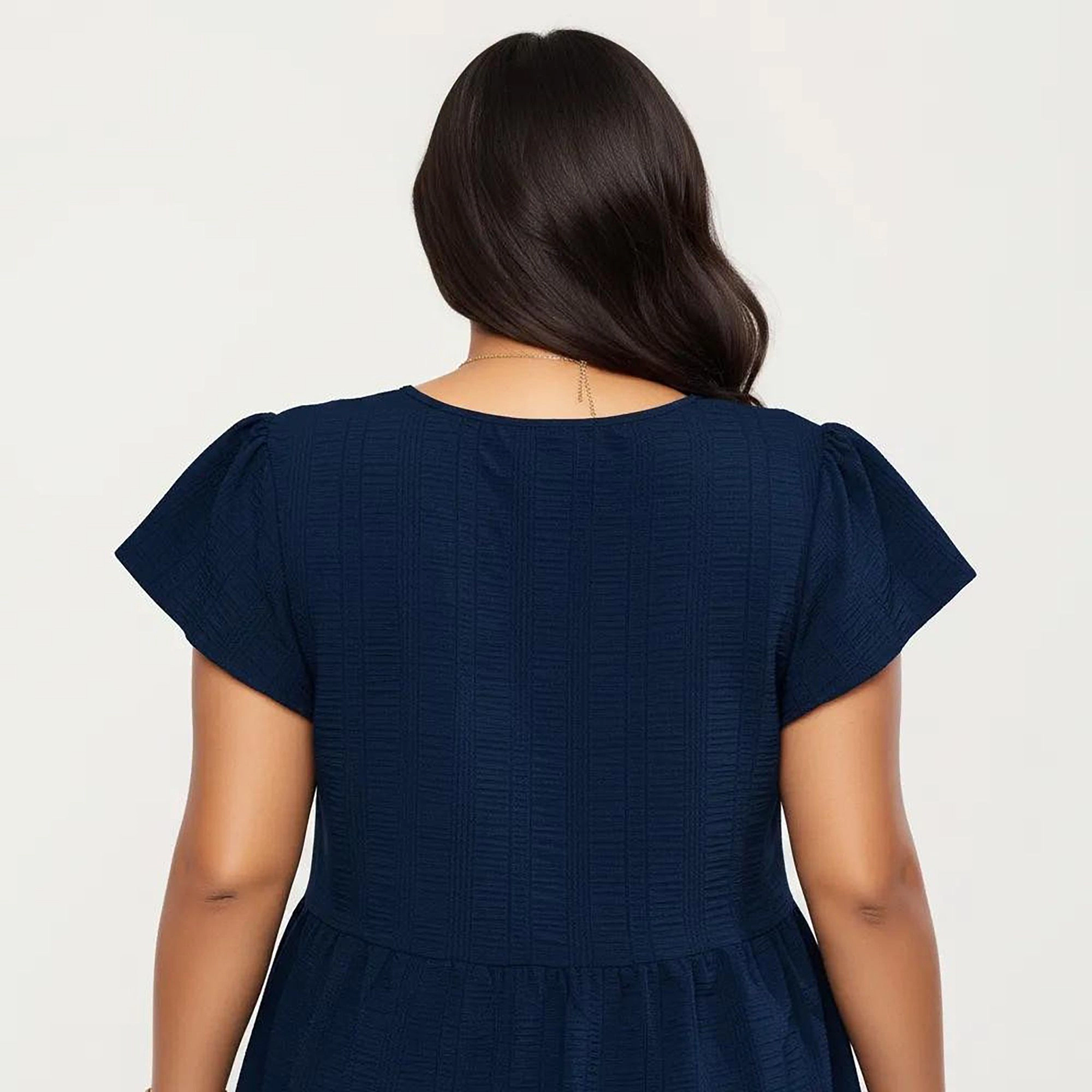 Anna-Kaci Women's Plus Size Textured Crew Neck Tiered Skirt Ruffle Sleeve Detail Flowy Babydoll Fit Dress
