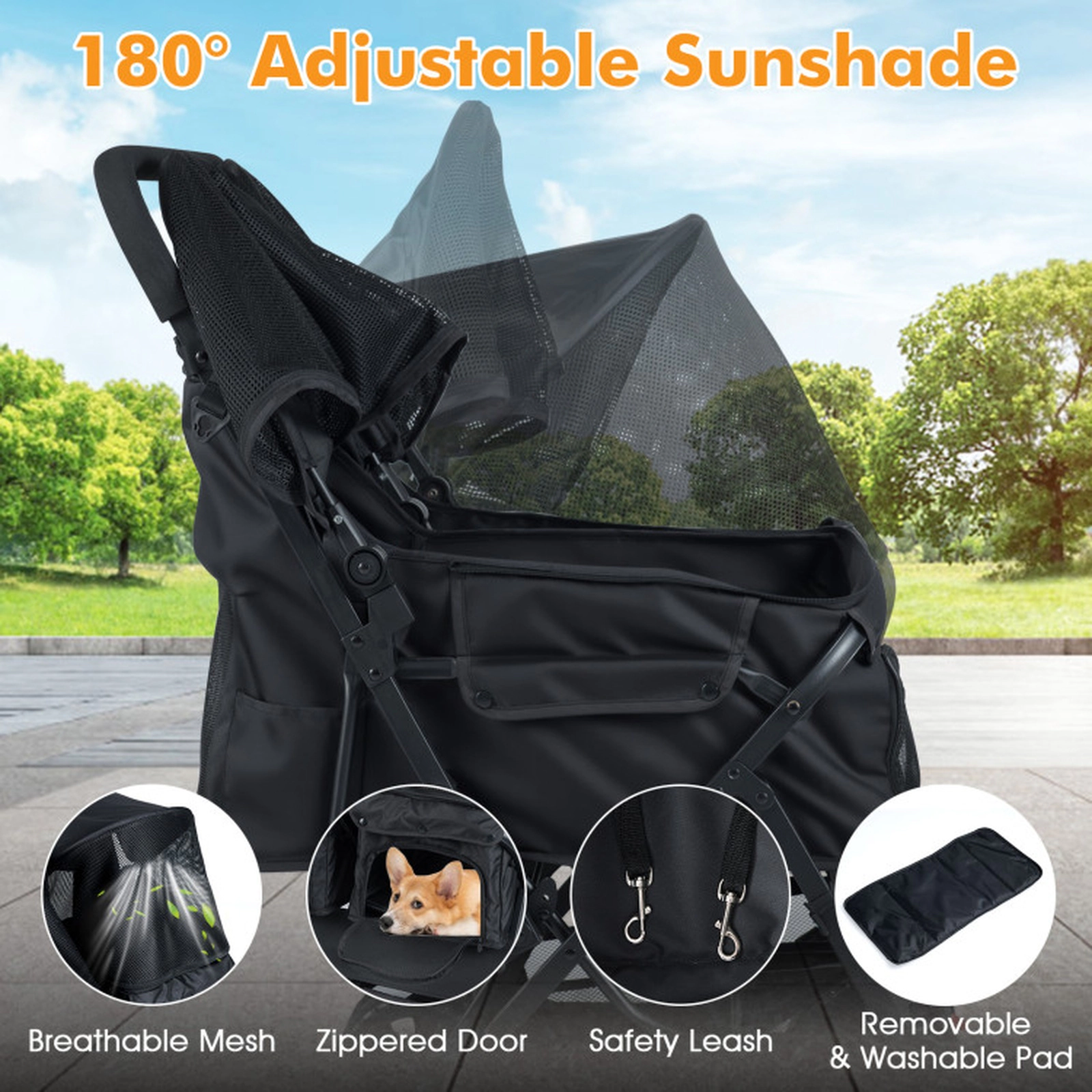 SUGIFT Black Double Pet Stroller with Adjustable Canopy 31.5-in W 28.5-in D 40-in H 26-lb Seat Capacity