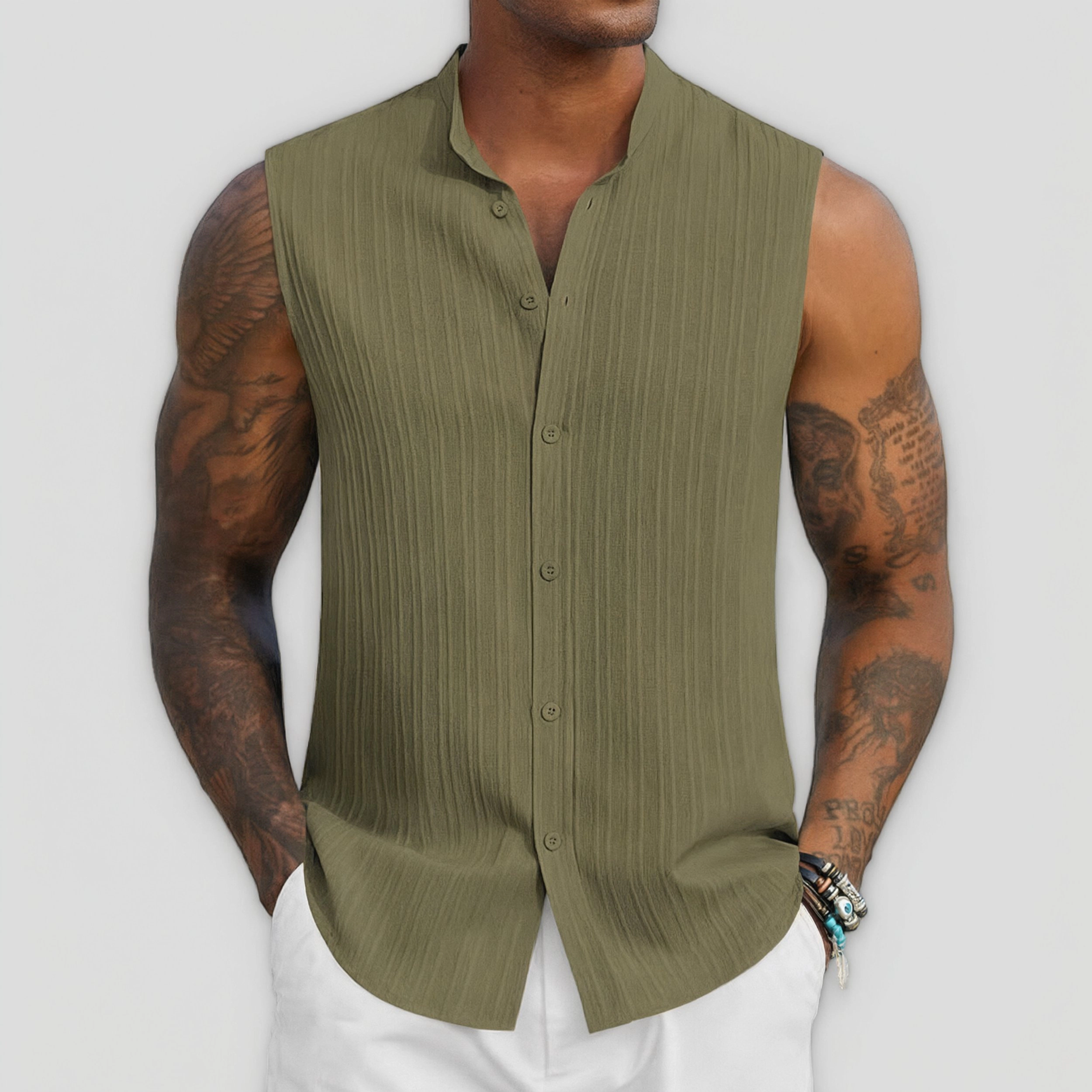 COOFANDY Men's Regular Fit Sleeveless Collar Neck Button Front Shirt