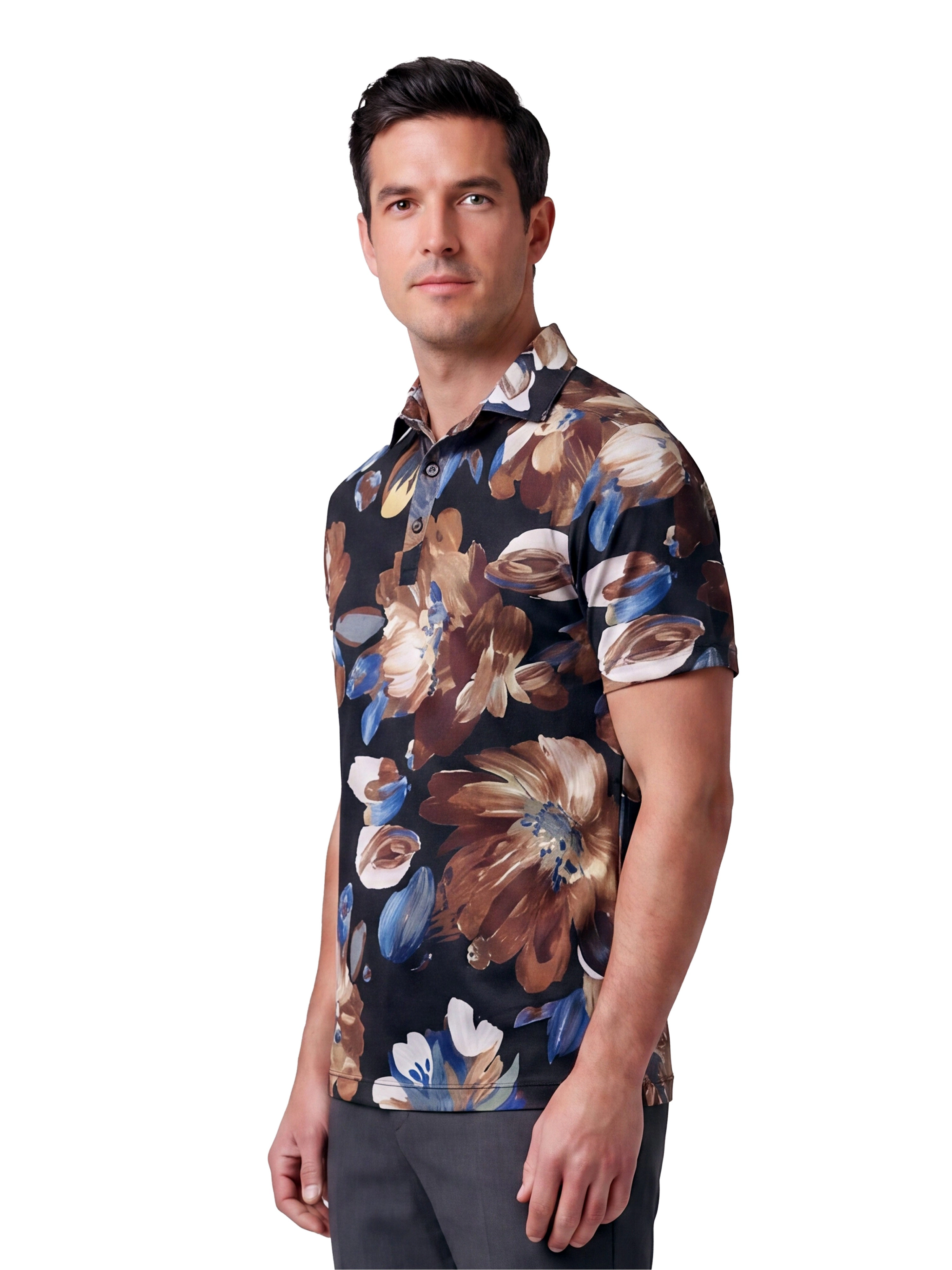 24sevenMen Wrinkle Resistant 3 Button Machine Washable Brown Floral Polo Shirt