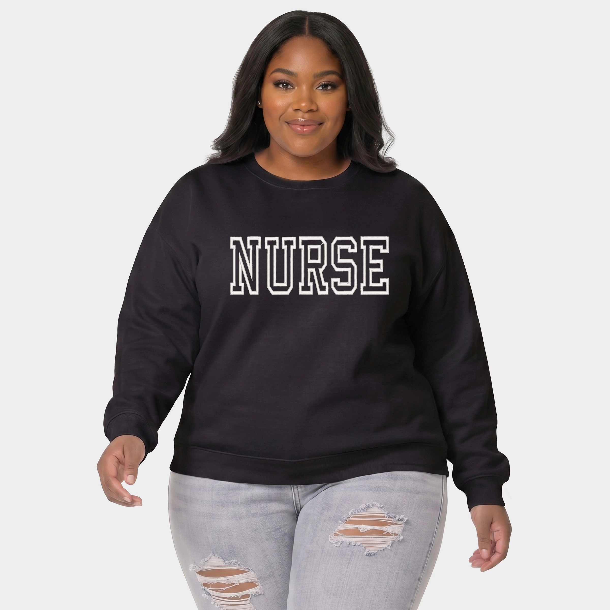 Simply Sage Market - Women's Plus Sweatshirt Embroidered Nurse Outline