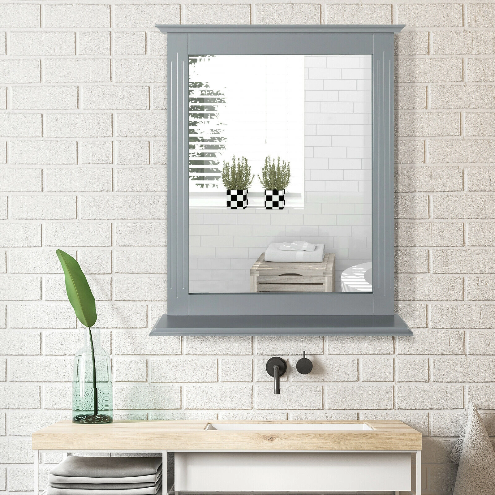 SUGIFT Gray 22.5-in x 27-in Wall Mounted Bathroom Vanity Mirror with Shelf and Grooved MDF Frame