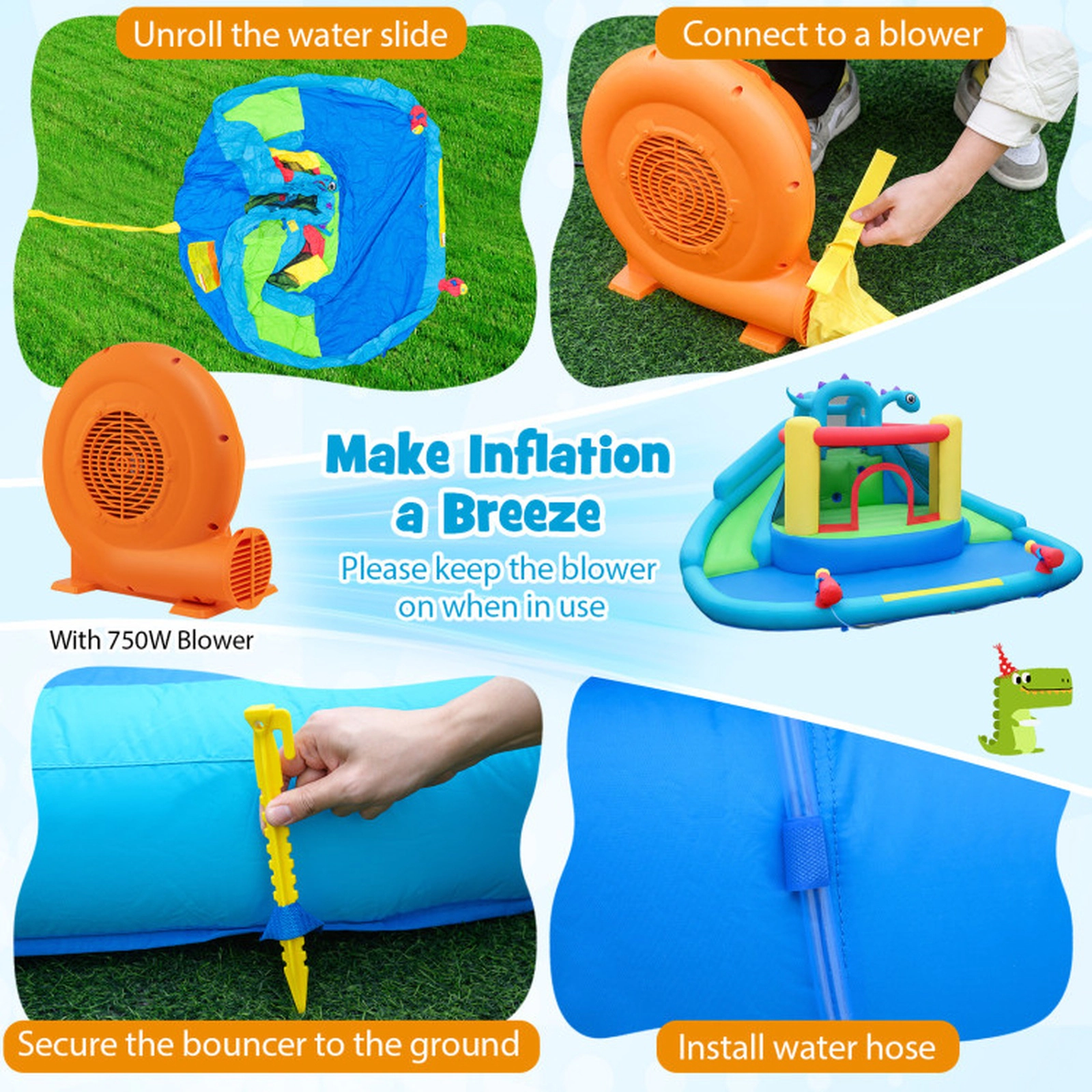 SUGIFT Kids Multicolor Dinosaur Bounce House with Slides Splash Pool and 750W Blower 158-in W 300-lb Total Capacity