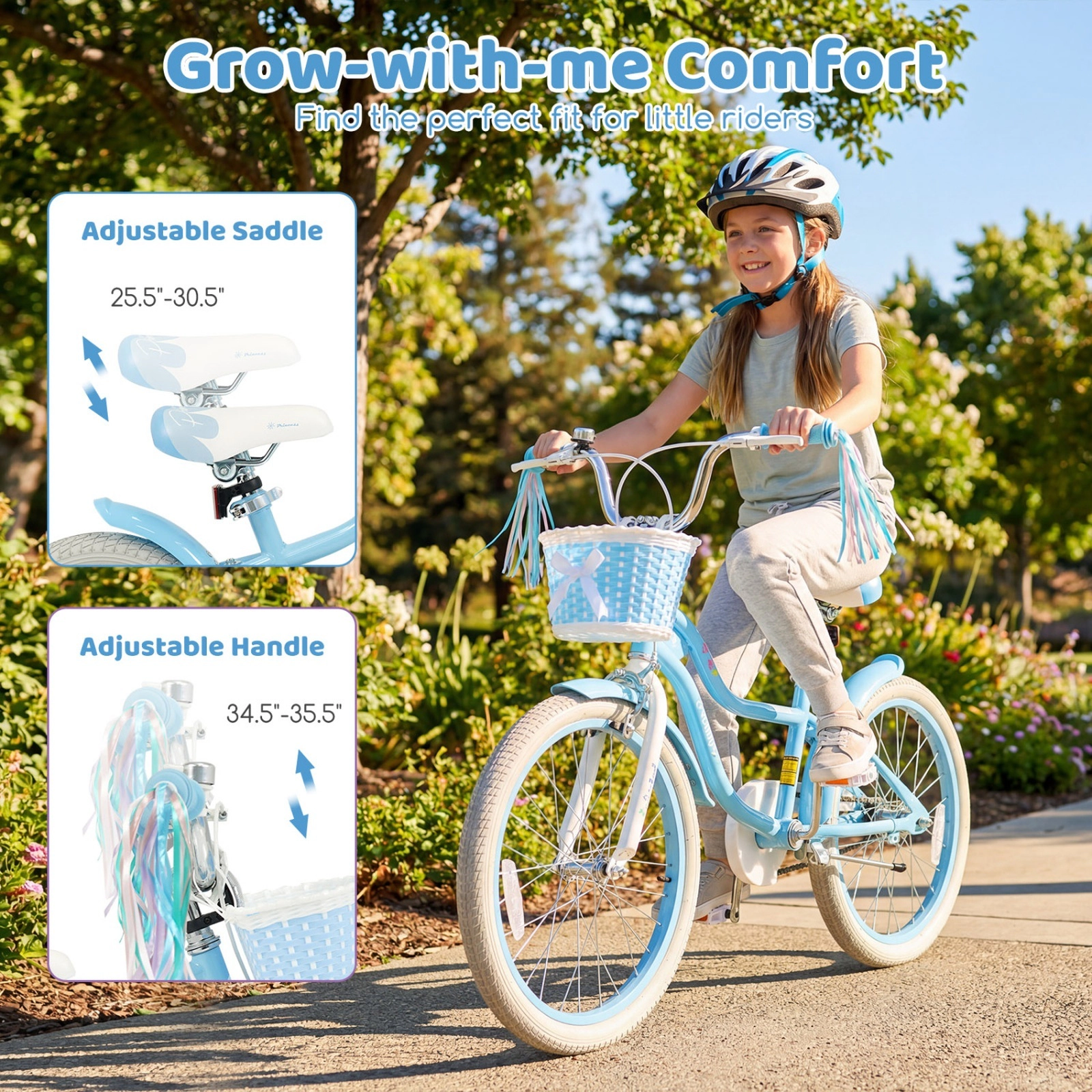 20-in Kids Bike for Ages 8+ with Kickstand Removable Basket Streamers and Hand Brake Mermaid Graphics Bicycle