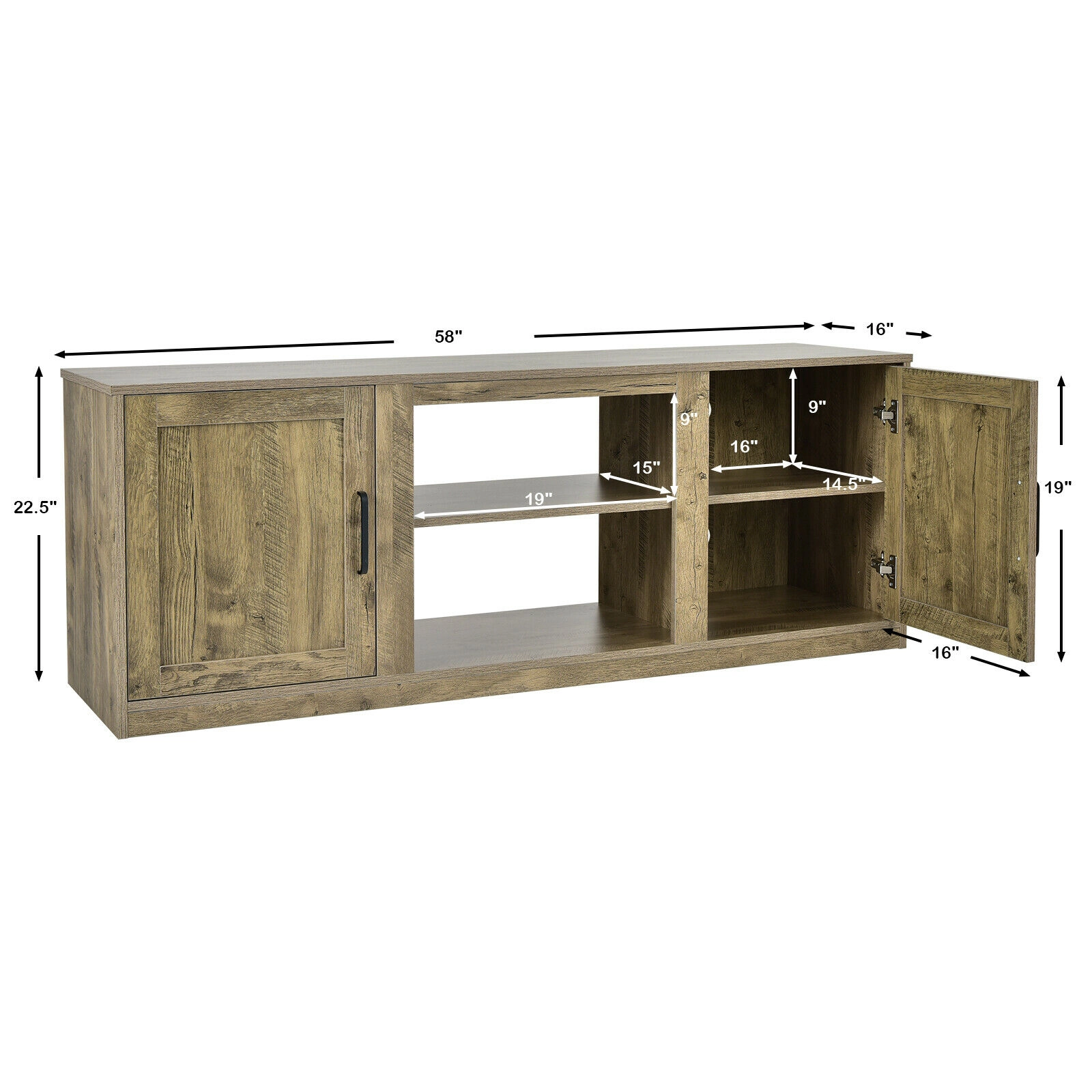 SUGIFT 58-in Natural TV Stand for TVs up to 65-in, Double Barn Doors, Fireplace Ready