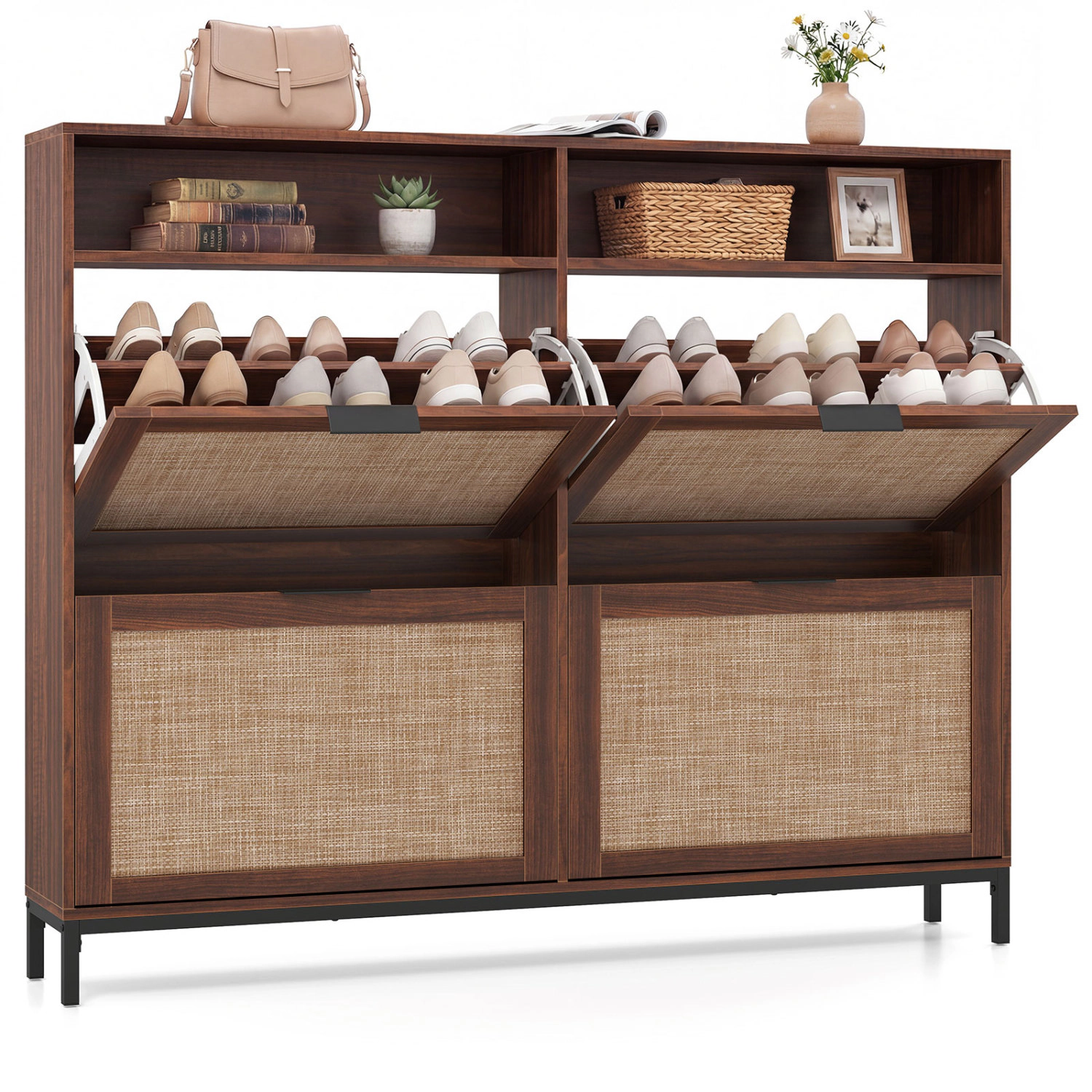 LJG Shoe Storage Cabinet with 4 Flip Drawers Narrow Freestanding Organizer Adjustable Shelves