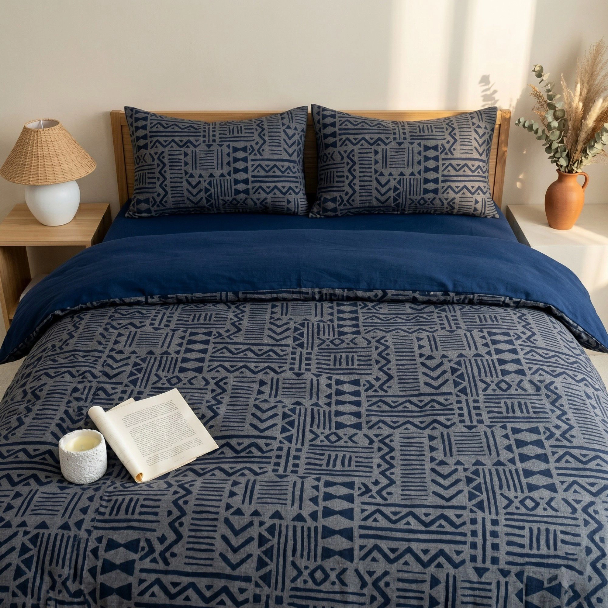 Alilang Unisex 4-Piece Cotton Double Gauze Bedding Set with Duvet Cover Flat Sheet and Pillowcases Textured Woven Patter