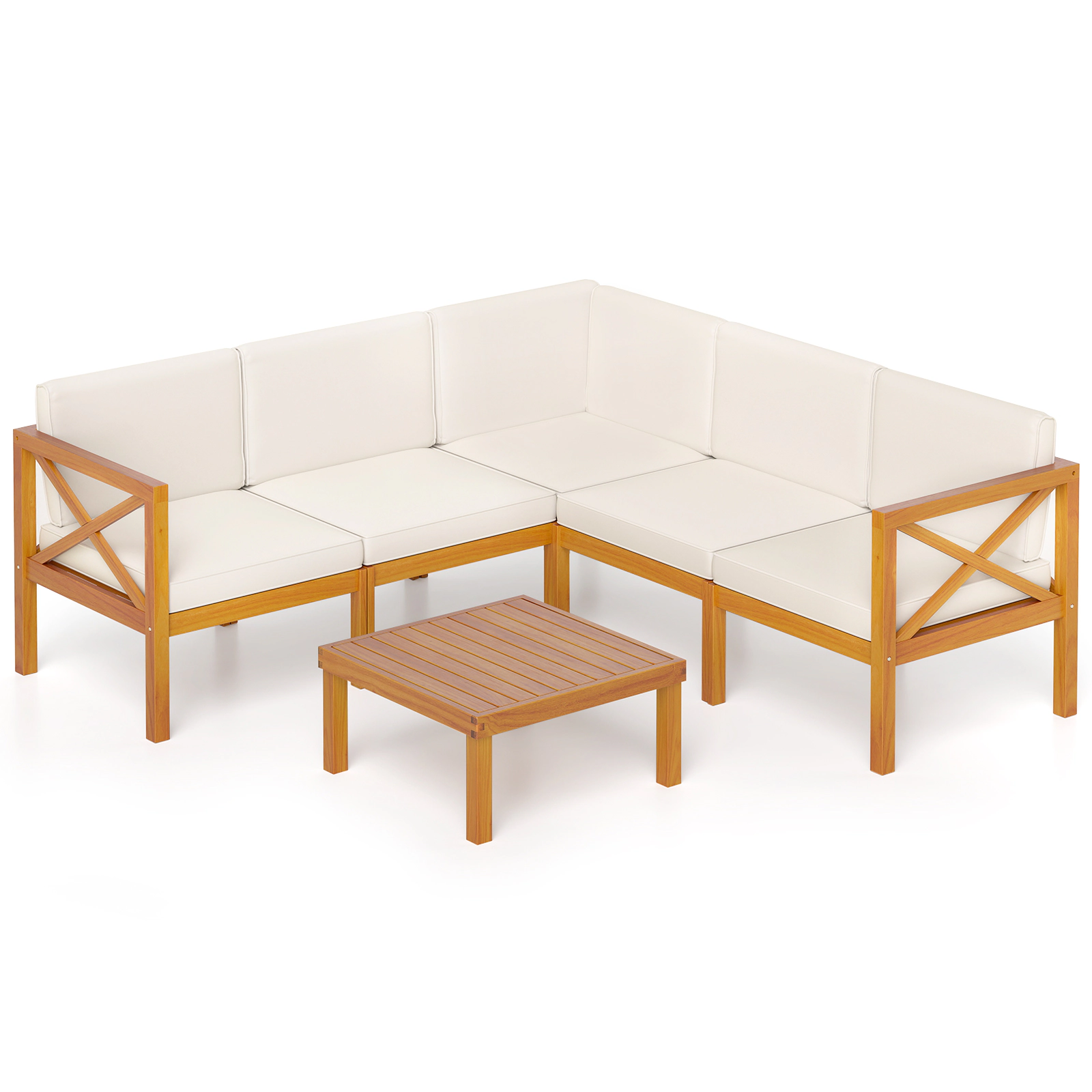 SUGIFT 6-Piece Acacia Wood Patio Sectional Sofa Set, Off-White Cushions, Coffee Table