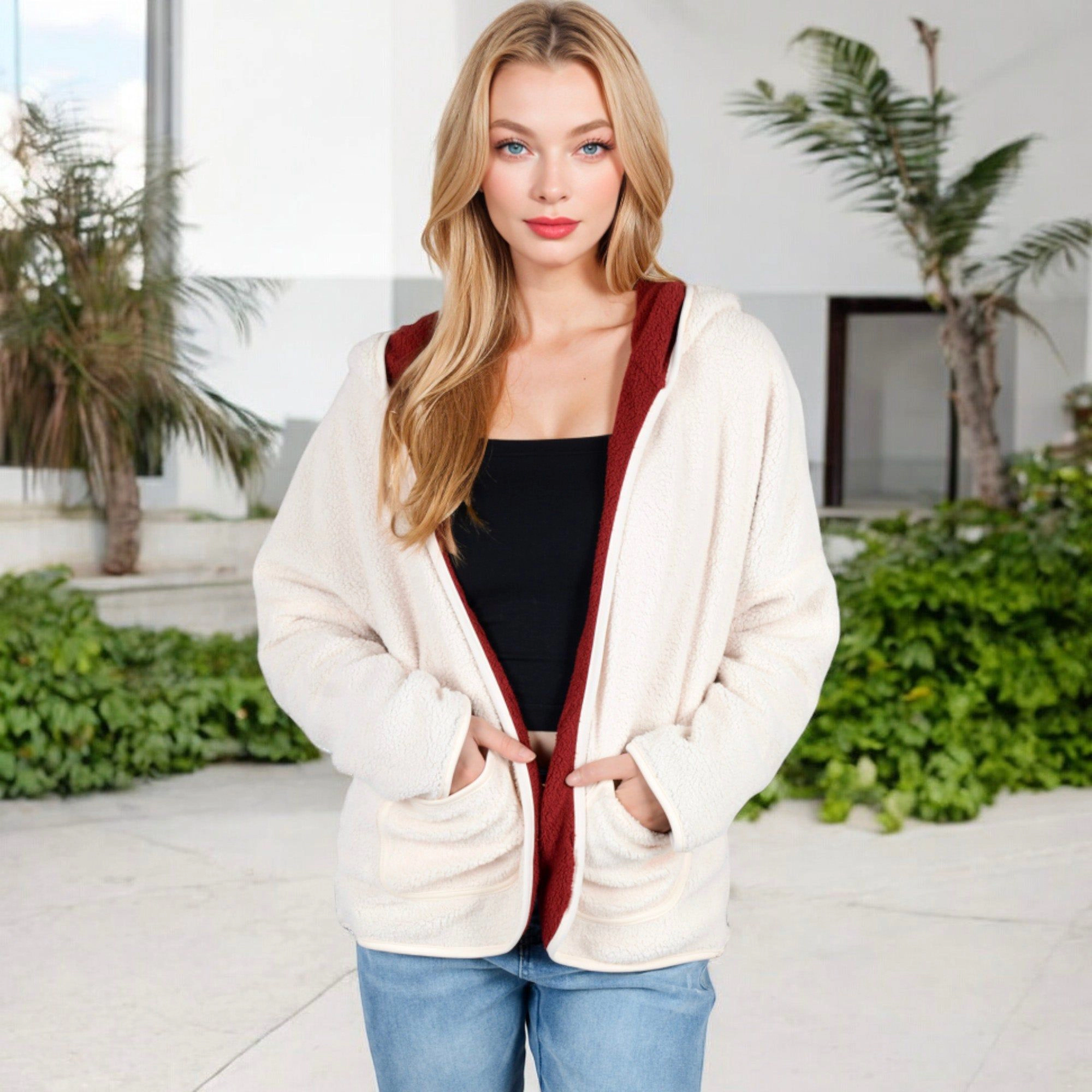 Anna-Kaci Women's Textured Two Tone Lined Hooded Jacket with Front Pockets