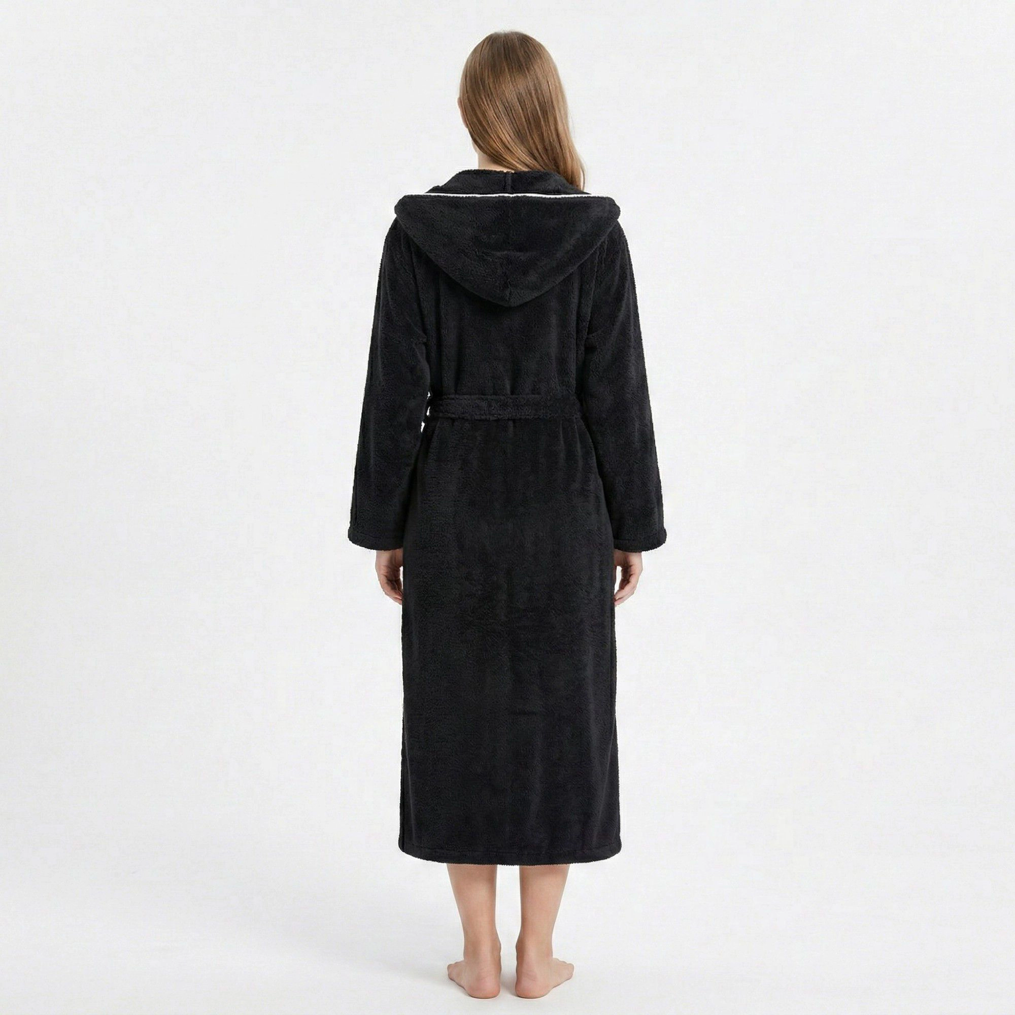 Anna-Kaci Women's Plush Hooded Long Bathrobe with Full Length Wrap Design Adjustable Waist Tie Contrast Trim and Pockets