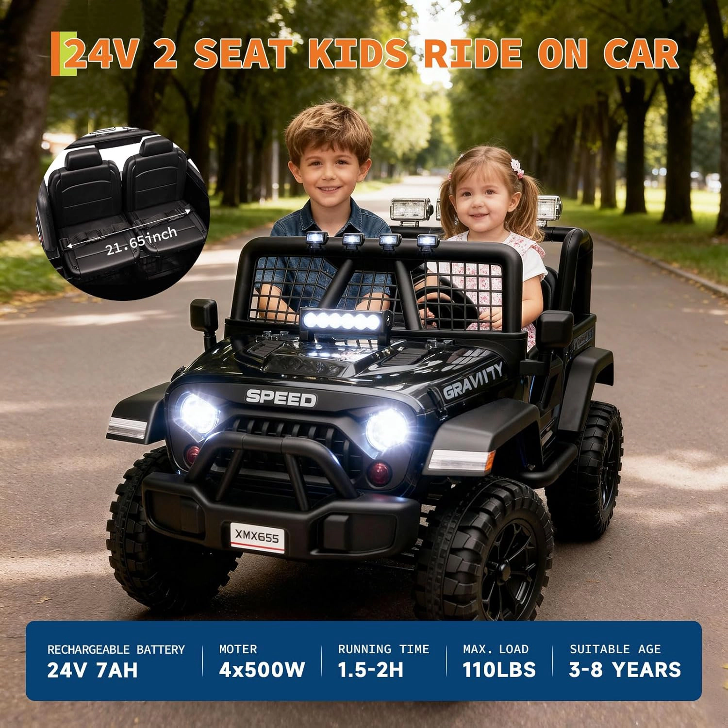 24V 2-Seater Kids Ride On Truck, Electric Car w/ Remote, 4WD, LED Lights, Music, 7Ah Battery & 2 Speeds