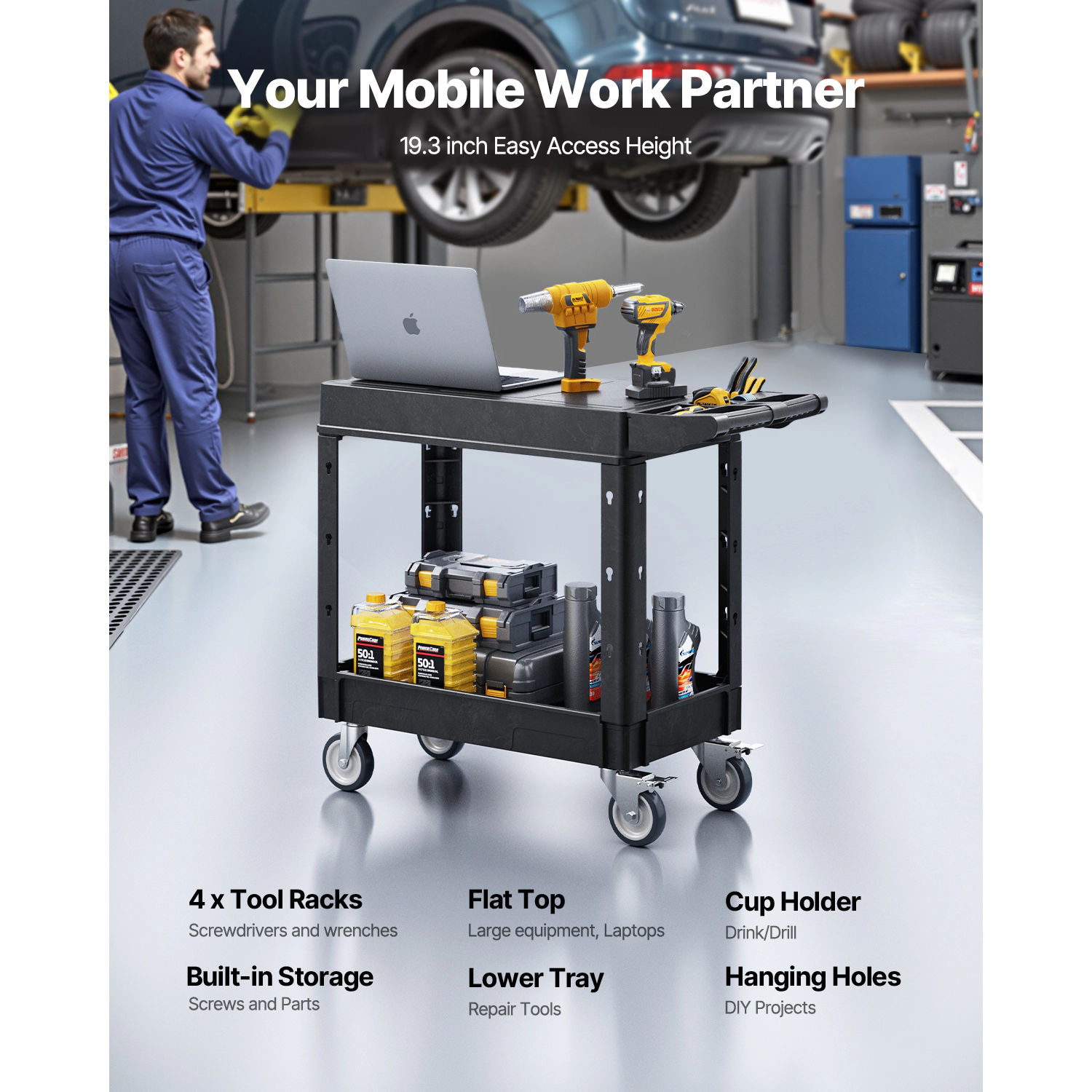 HONGGE Utility Cart 550 lbs Load Capacity Service Cart Two-Shelf Heavy Duty Plastic Utility Cart with 360° Swivel