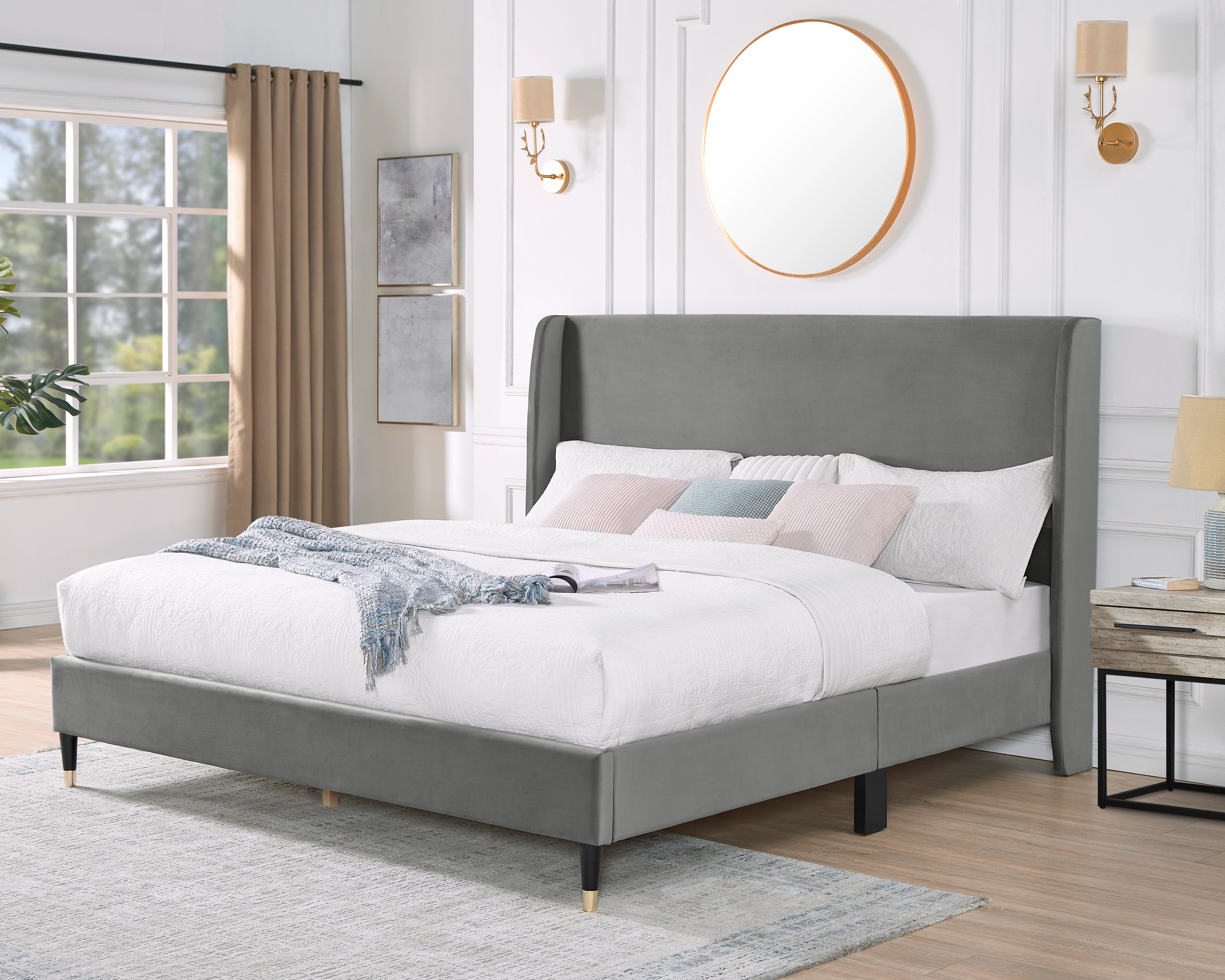 Flynama Rozitta Queen Velvet Wingback Platform Bed, Gray