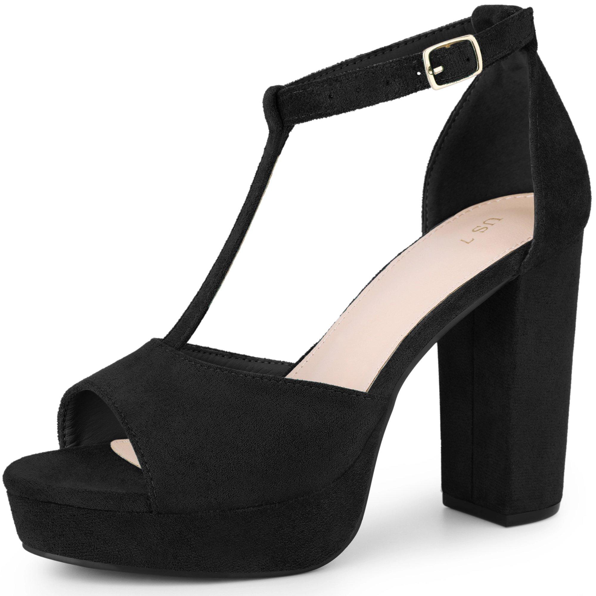 BLISSFUL STEP Women's T-Strap Platform Chunky High Heel Sandals