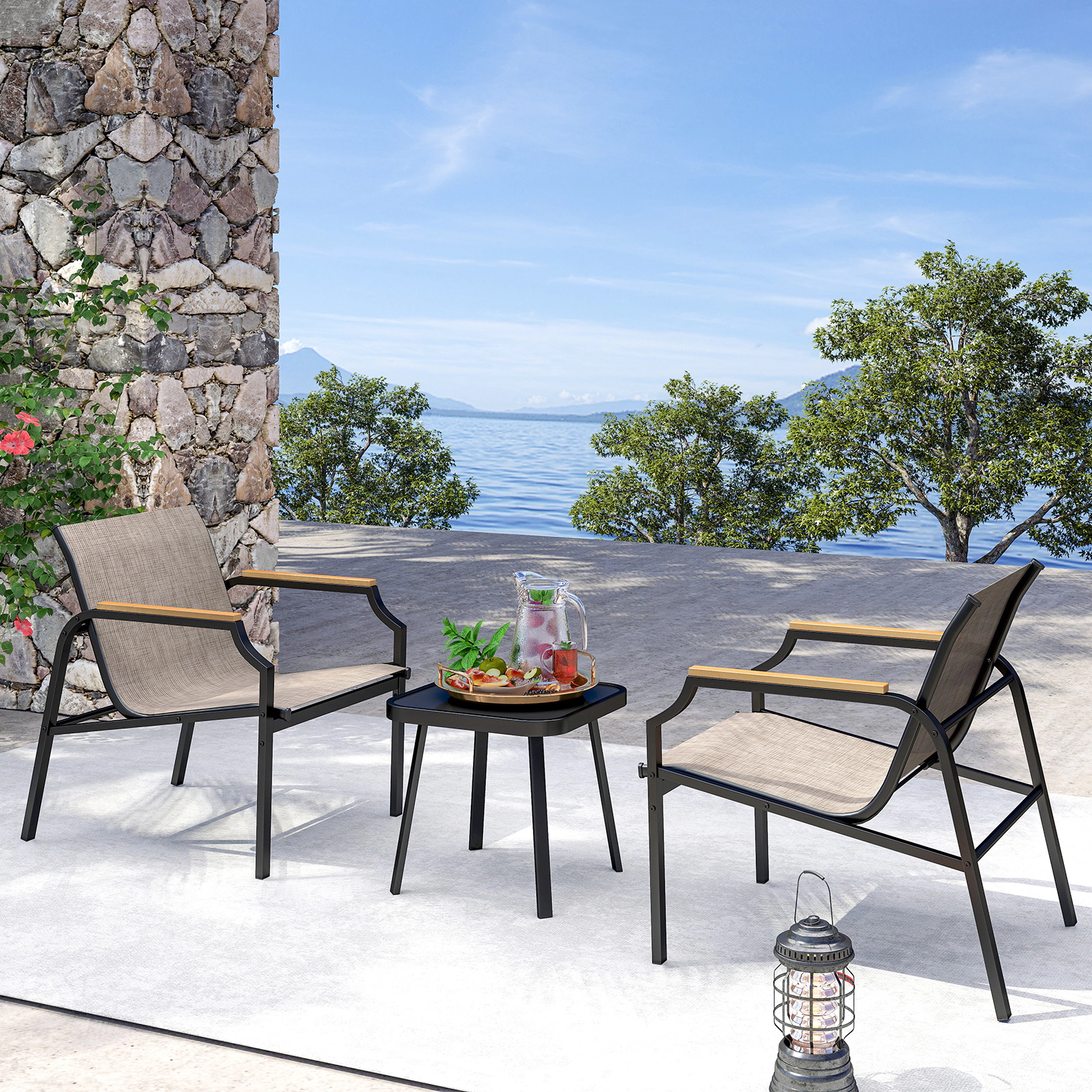 SUGIFT 3 Piece Outdoor Conversation Chair & Coffee Table Set Breathable Fabric Seats 330-Lb Chair Capacity Brown + Black