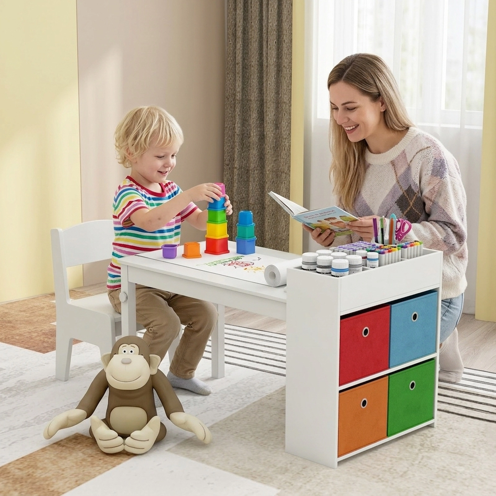 SUGIFT Kids Craft Table and 2 Chairs, White Activity Desk with Paper Roll Rack