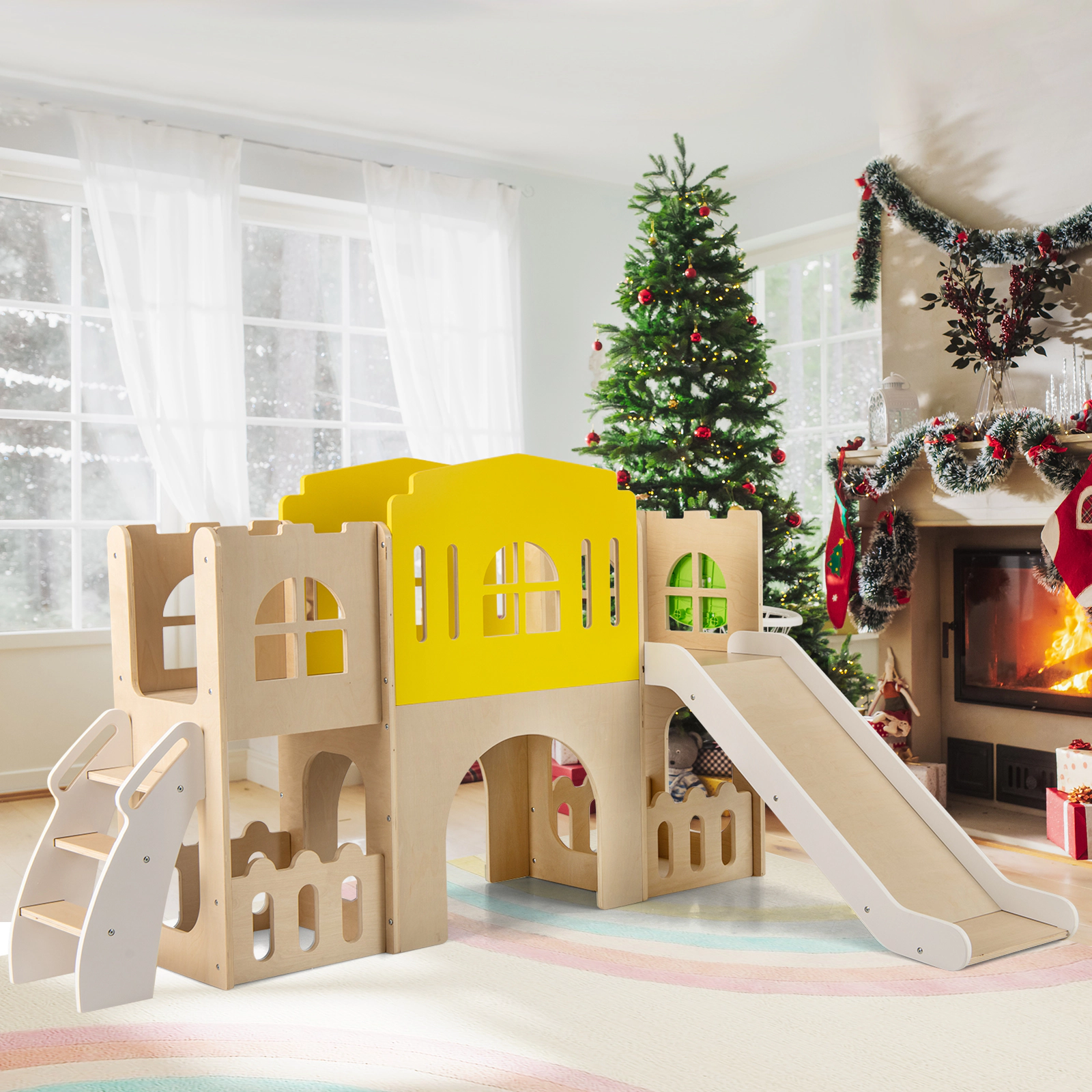 SUGIFT Multicolor Climber Tunnel and Basketball Hoop 7-in-1 Wooden Toddler Slide Set