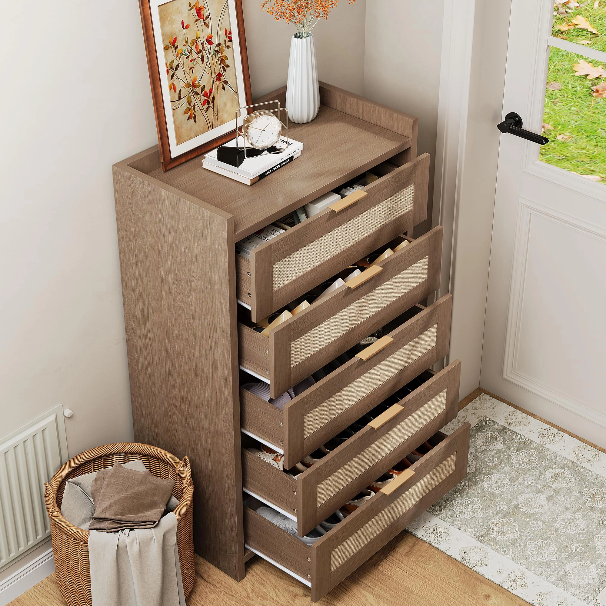 Rattan 5 Drawer Dresser, 46" Tall Wooden Chest with Metal Handles for Bedroom, Living Room