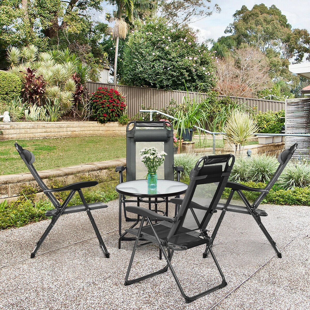 SUGIFT 7-Position Adjustable Reclining Folding Sling Patio Chair 300-Lb Capacity with Headrest Gray and Black