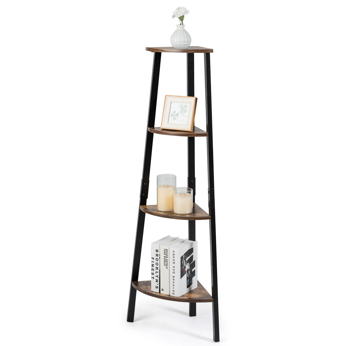 COSTWAY 4-Tier Corner Shelf Metal Storage Rack Bookcase Plant Display Stand Natural