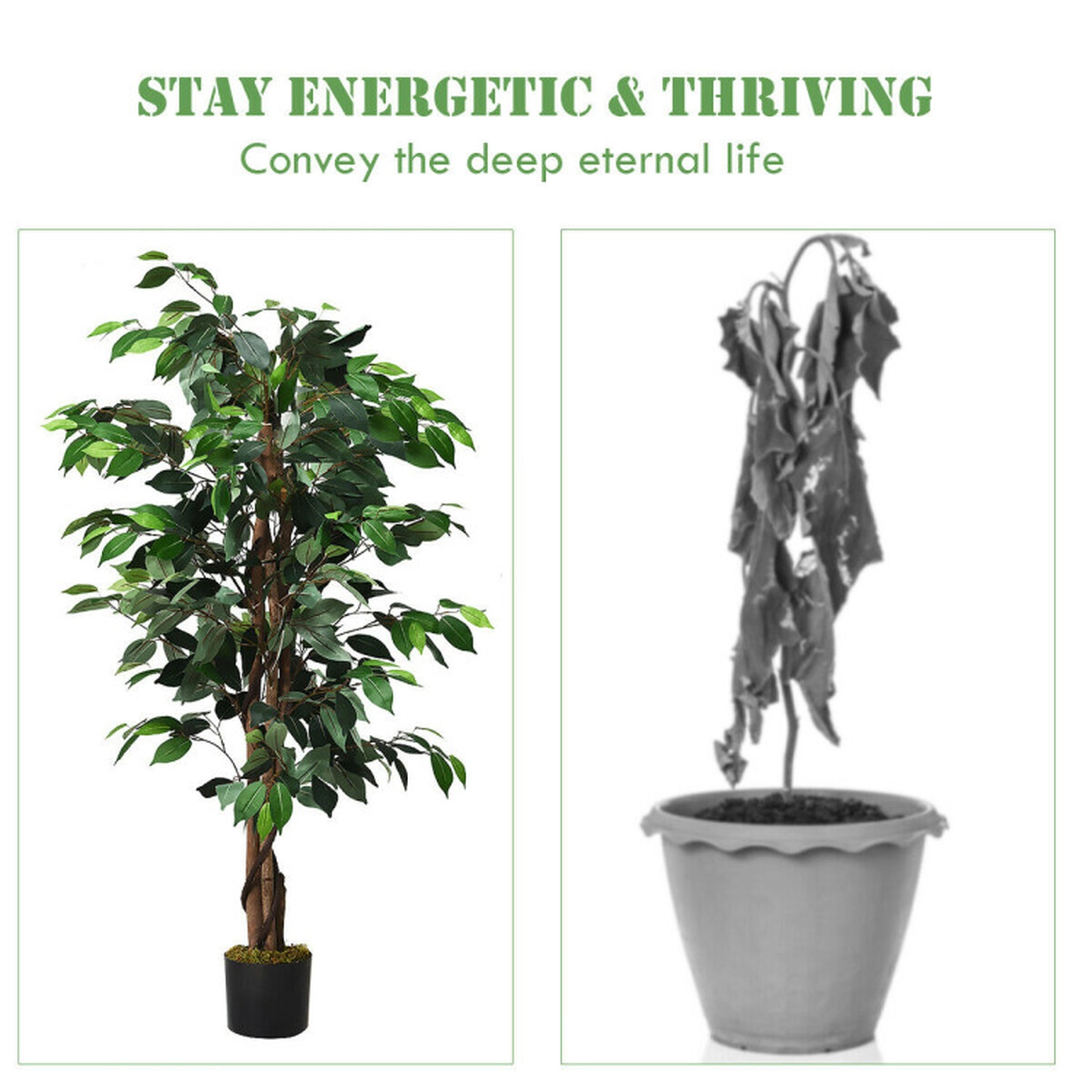 SUGIFT 4-ft 504 Leaves Multiple Trunks Moss Covered Cement Base Artificial Ficus Tree 5.9-in Pot 9-lb Green