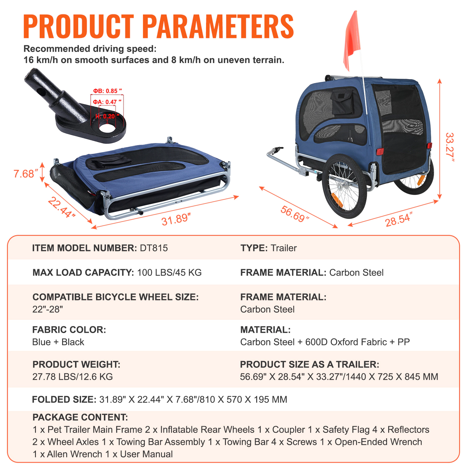 HONGGE Dog Bike Trailer, 100 lb Capacity, Weatherproof Pet Carrier with Mesh Windows, Blue/Black