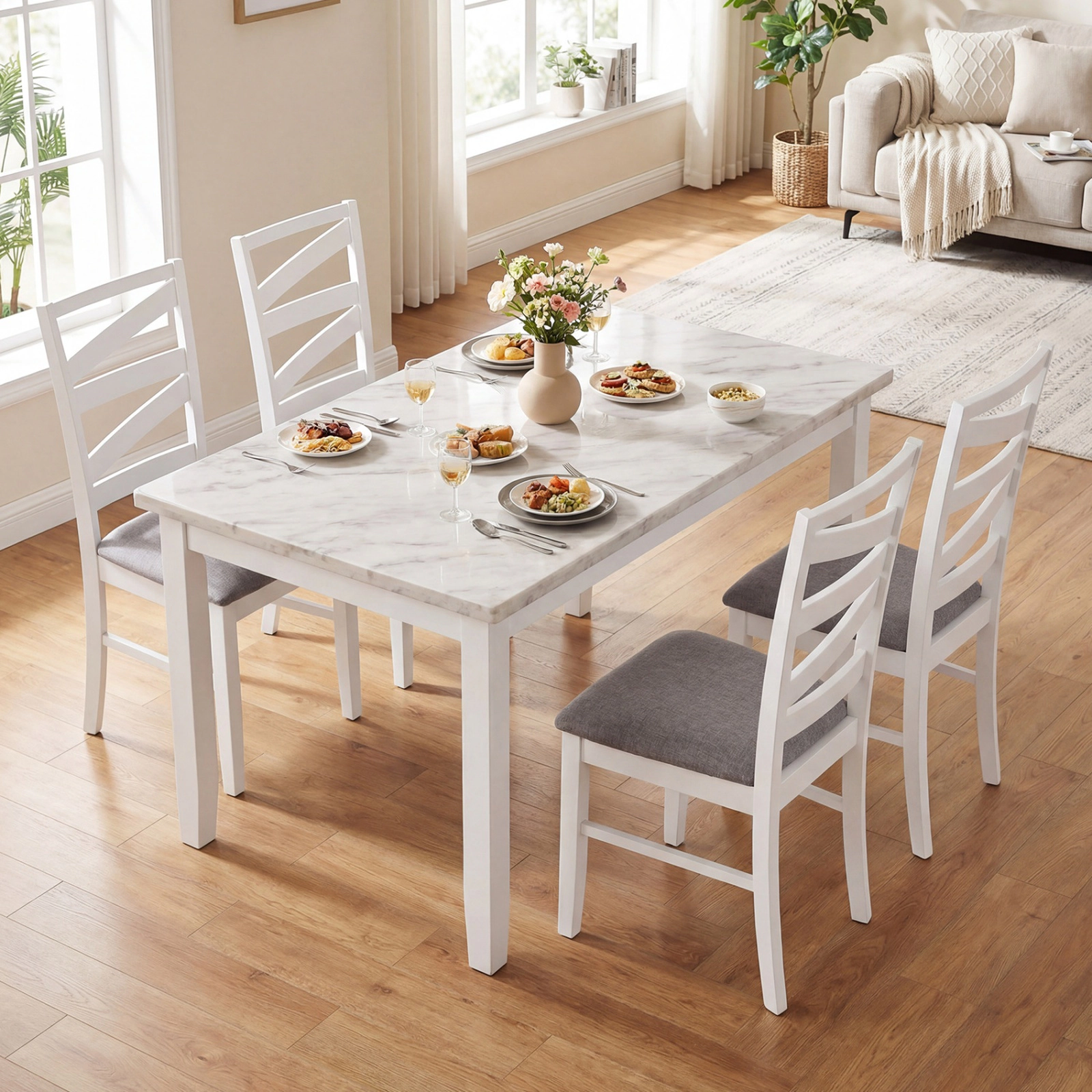 SUGIFT Set of 2 Brown Linen Farmhouse Dining Chairs, Tall Back, Padded Seat