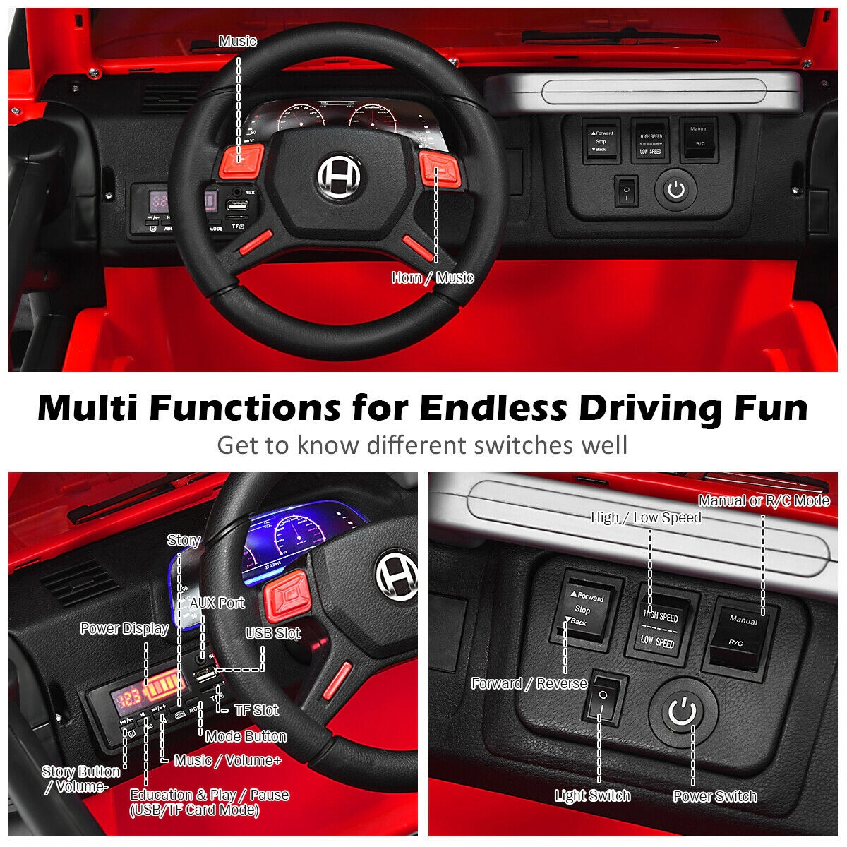 SUGIFT Red Remote Control Storage Box and Safety Belts 12V 2-Seater Kids Ride On Truck