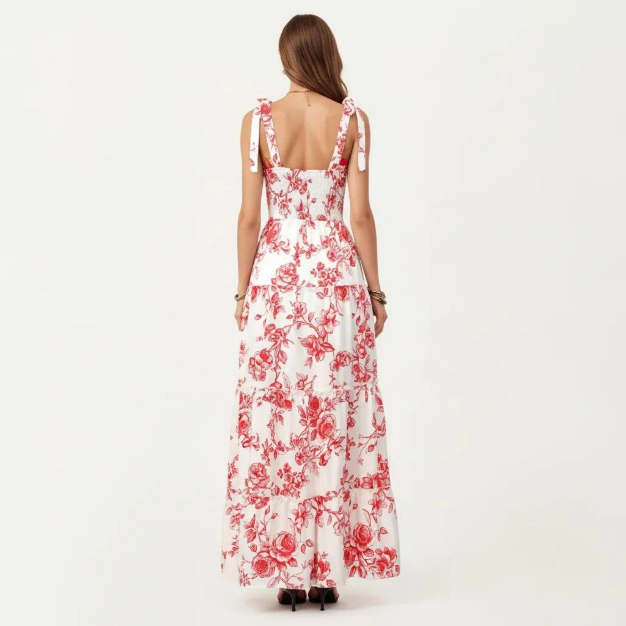 Anna-Kaci Women's Sleeveless Floral Ruffle Strap Detail Square Neck Tiered Skirt Flowy Maxi Dress
