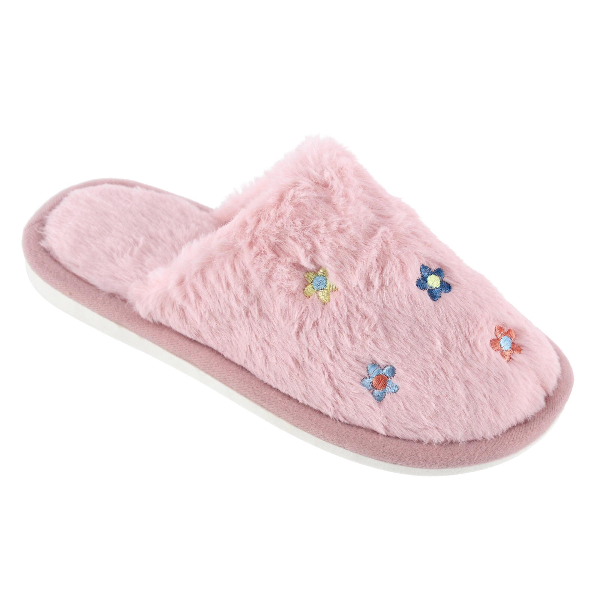 CTM Women's Flower Print Fur Slippers