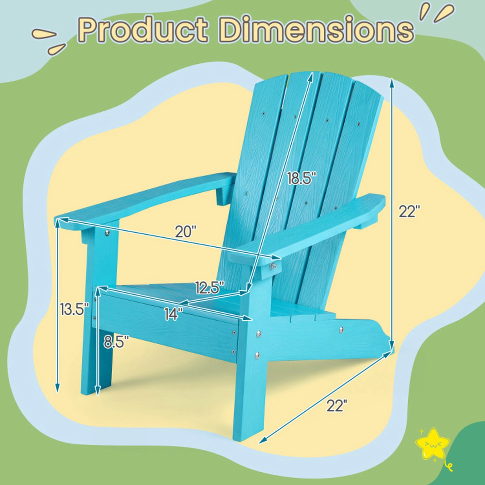 SUGIFT Turquoise HIPS Kids Adirondack Chair with High Backrest and Wide Armrests 22-in W 20-in D 22-in H